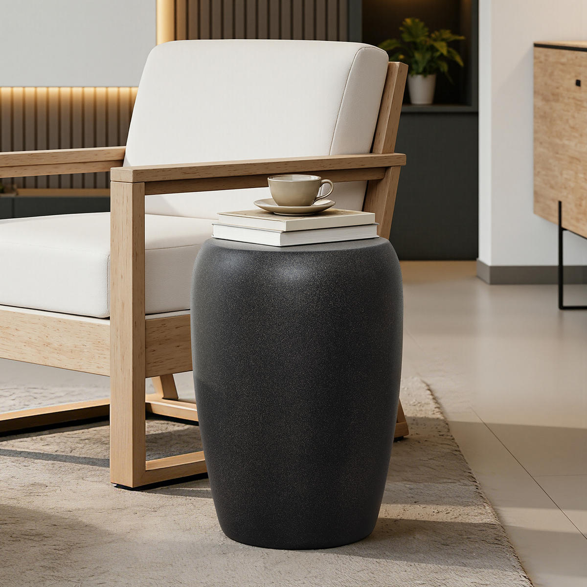 BEISTELLTISCH für den Außenbereich, 50 cm, rund, Struktur aus Zement im Travertin-Stil - Schwarz Hochglanz, Kunststoff (35/35/49.5cm) - Hometopia