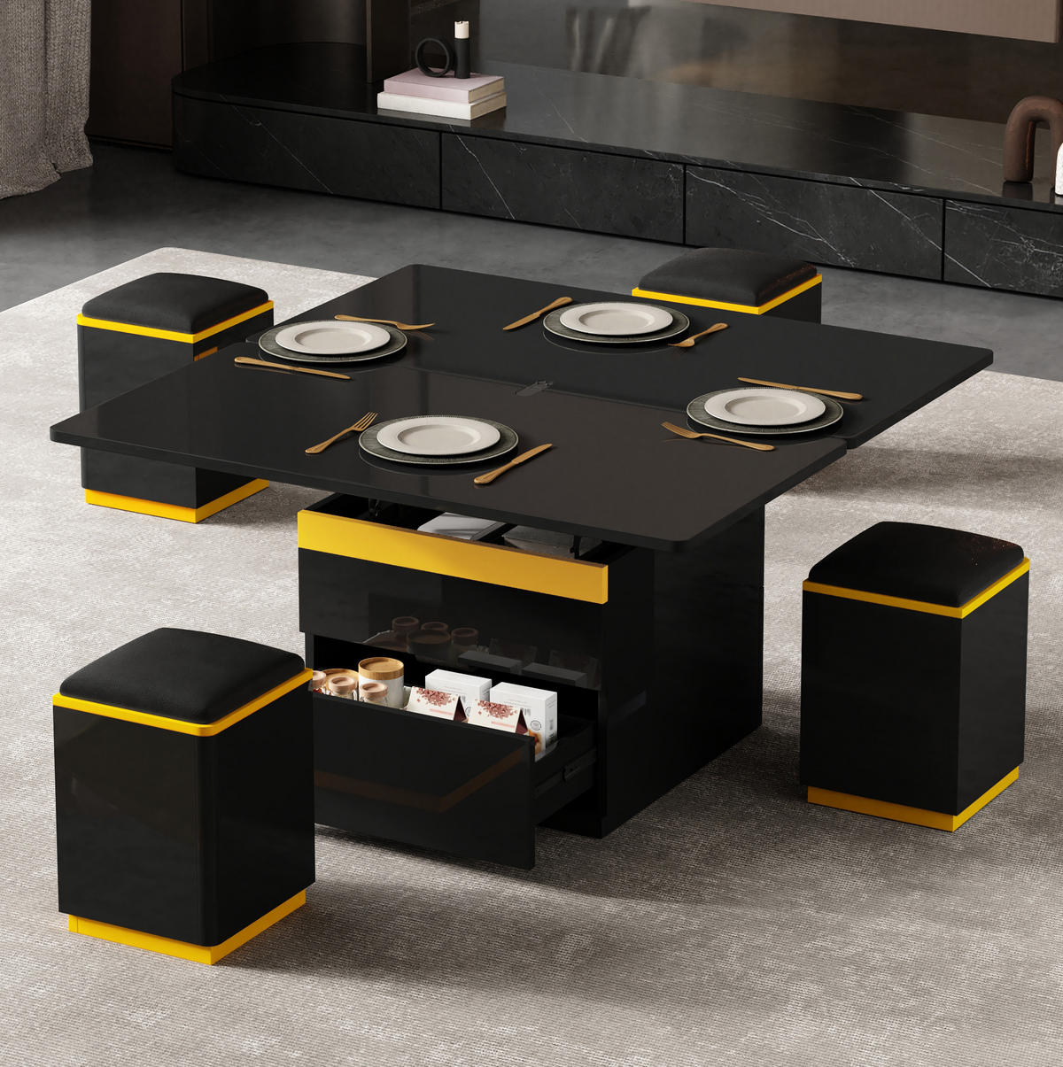 COUCHTISCH 100/50/43 cm aus MDF mit Klapp- und Hebefunktion, Stauraum und 4 Hockern, Schwarz/Gelb - Schwarz, Holzwerkstoff (100/50/43cm) - Redom
