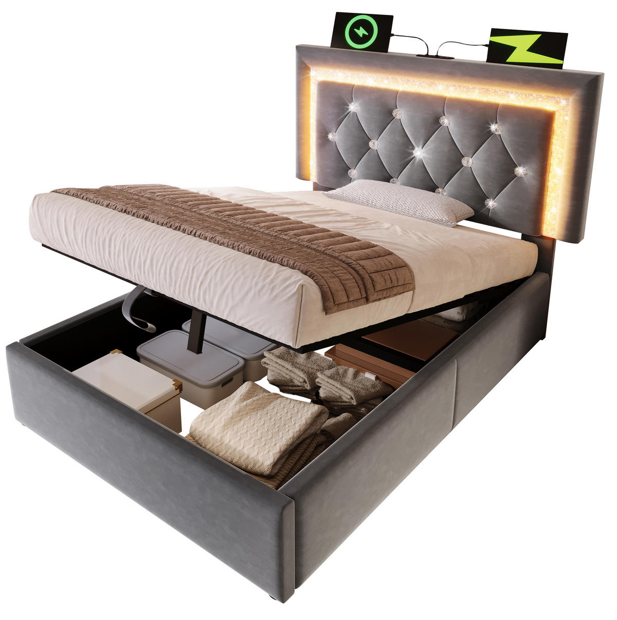 POLSTERBETT aus Samt 90x200 cm Grau mit LED-Beleuchtung, USB-C-Anschluss und hydraulischem Bettkasten - Grau, Textil (90/200cm) - IVMEU