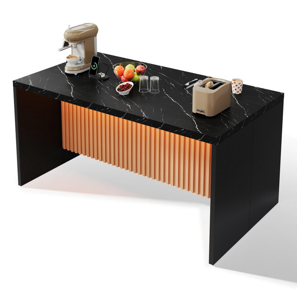 KÜCHENINSEL mit Steckdosen und LED-Beleuchtung, Marmoroptik Schwarz, Industrial Style, 155/80/90 cm - Schwarz, Kunststoff (80/90/155cm) - Rolipo