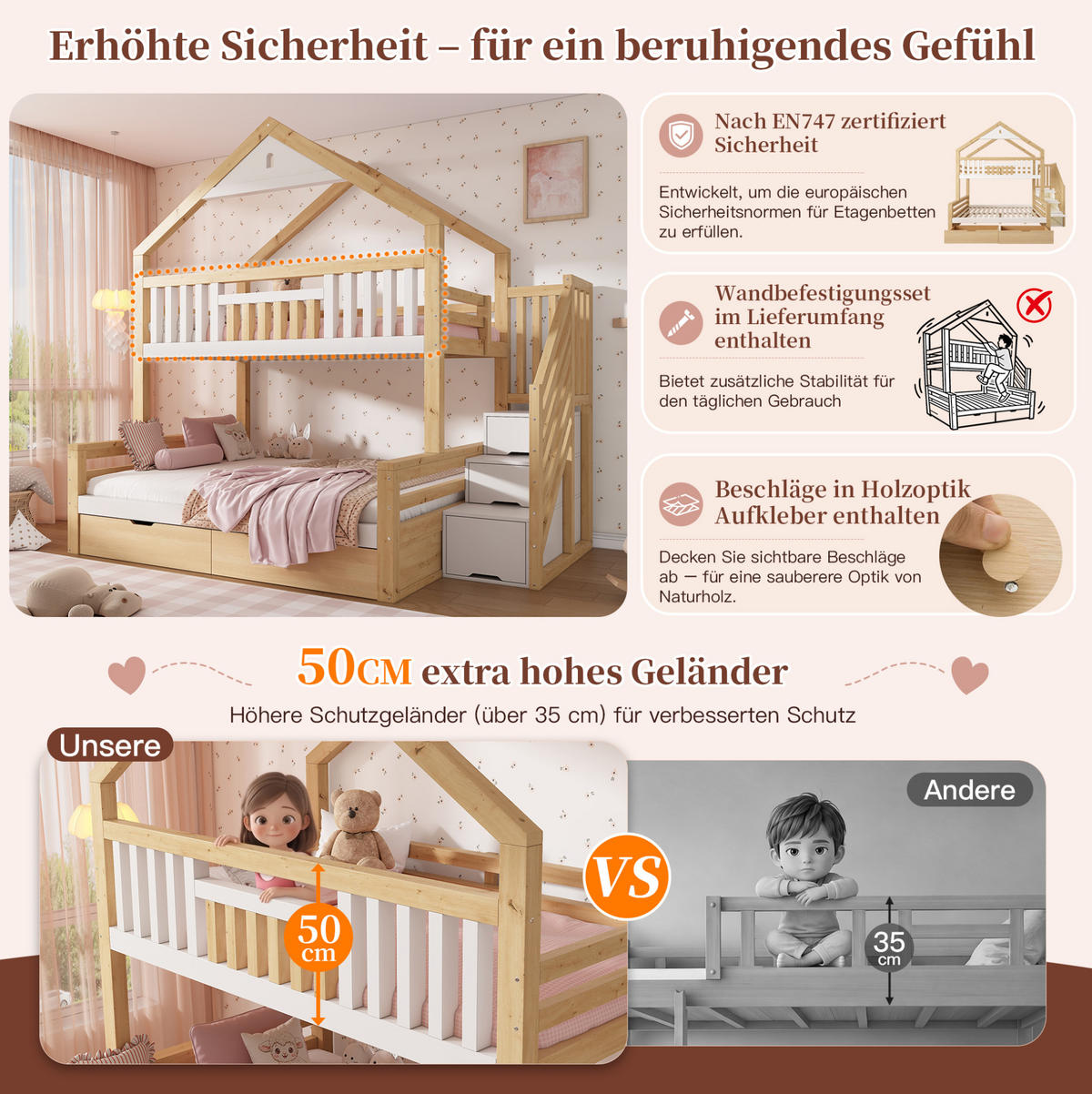 ETAGENBETT Holz 140x200 cm Weiß & Eiche mit Treppenschrank, 2 Schubladen und Giebeldach - Weiß, Holz (140/200cm) - Modfu