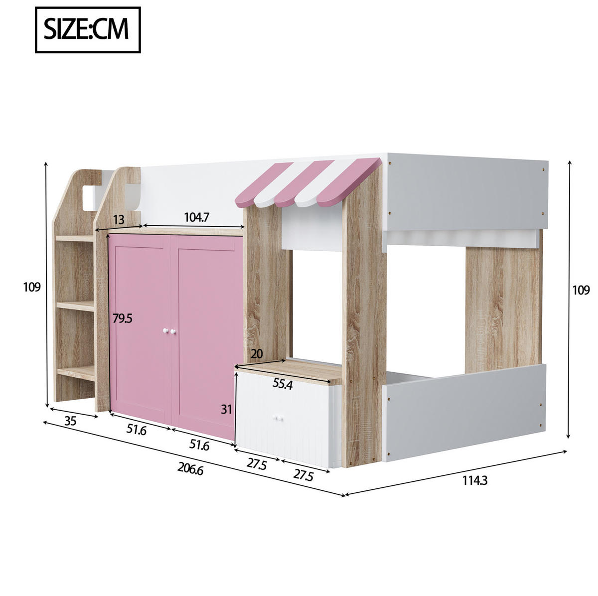 HOCHBETT mit Leiter und Stauraum 90x200 cm Holz Weiß und Rosa - Pink, Holzwerkstoff (90/200cm) - Beauniv