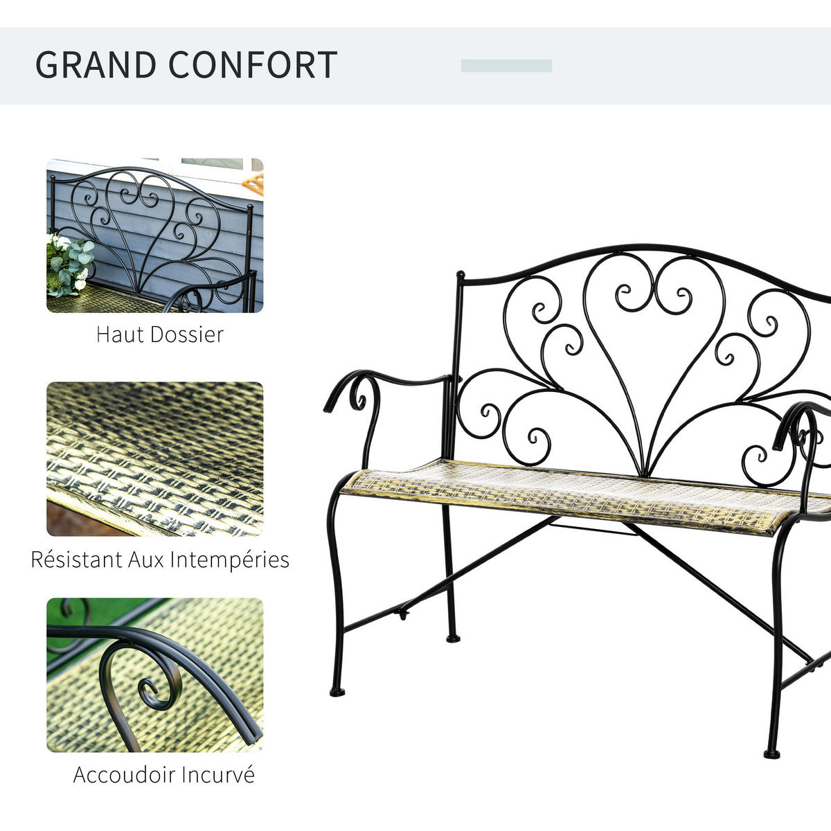 GARTENBANK DE-17755 Schwarz/Gold - Schwarz, Metall (100/88/50cm) - ComfortXL