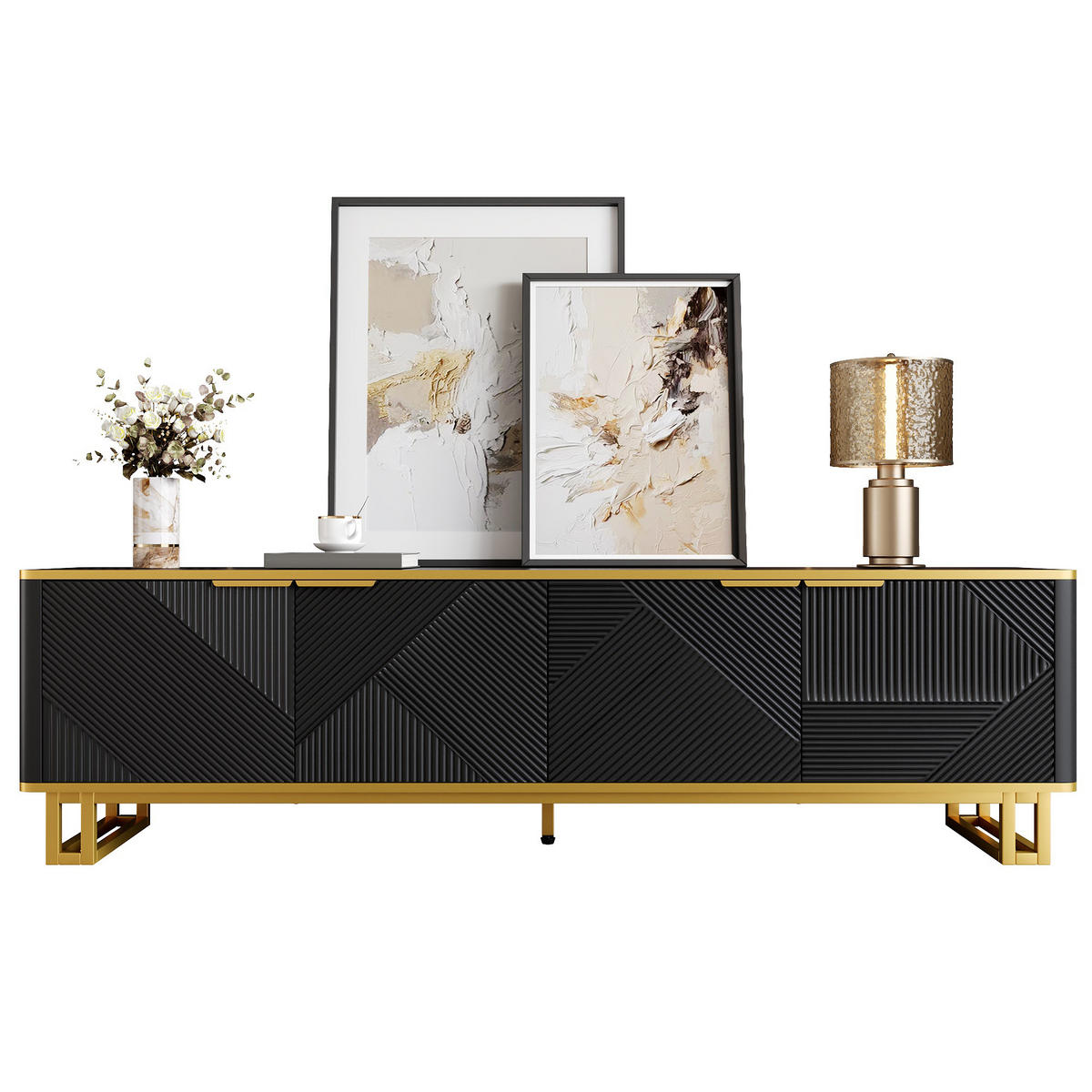 TV-ELEMENT160X37,5X48CM SchwarzGold Lowboard mit 4 Türen und Kabelmanagement - Schwarz, Holz (45.09/14.61/175.26cm) - Raelunyi