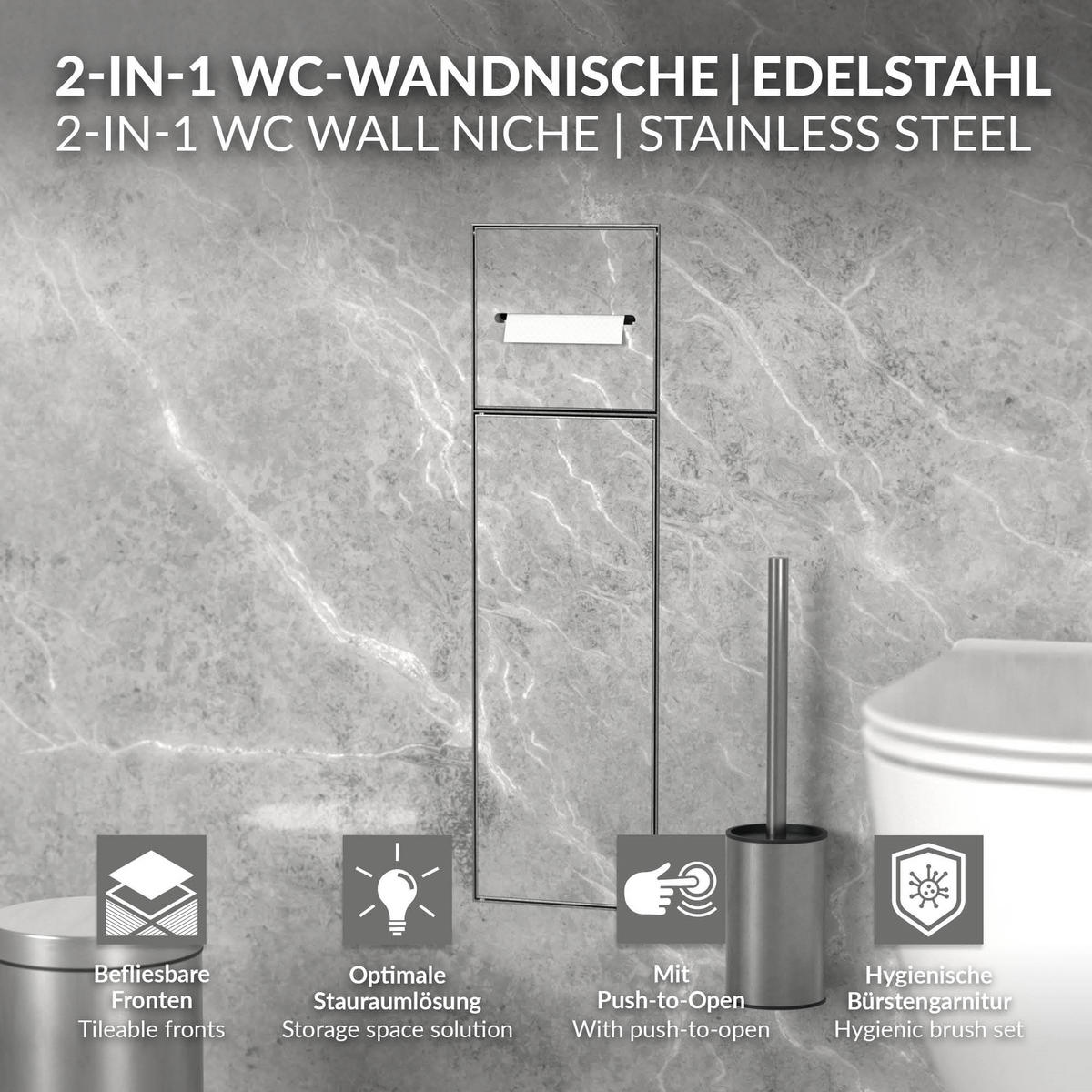 UNTERPUTZ-SCHRANKMODUL WC aus Edelstahl silber 60x20x14 cm - Silberfarben, Metall (14/60/20cm) - LuxeBath