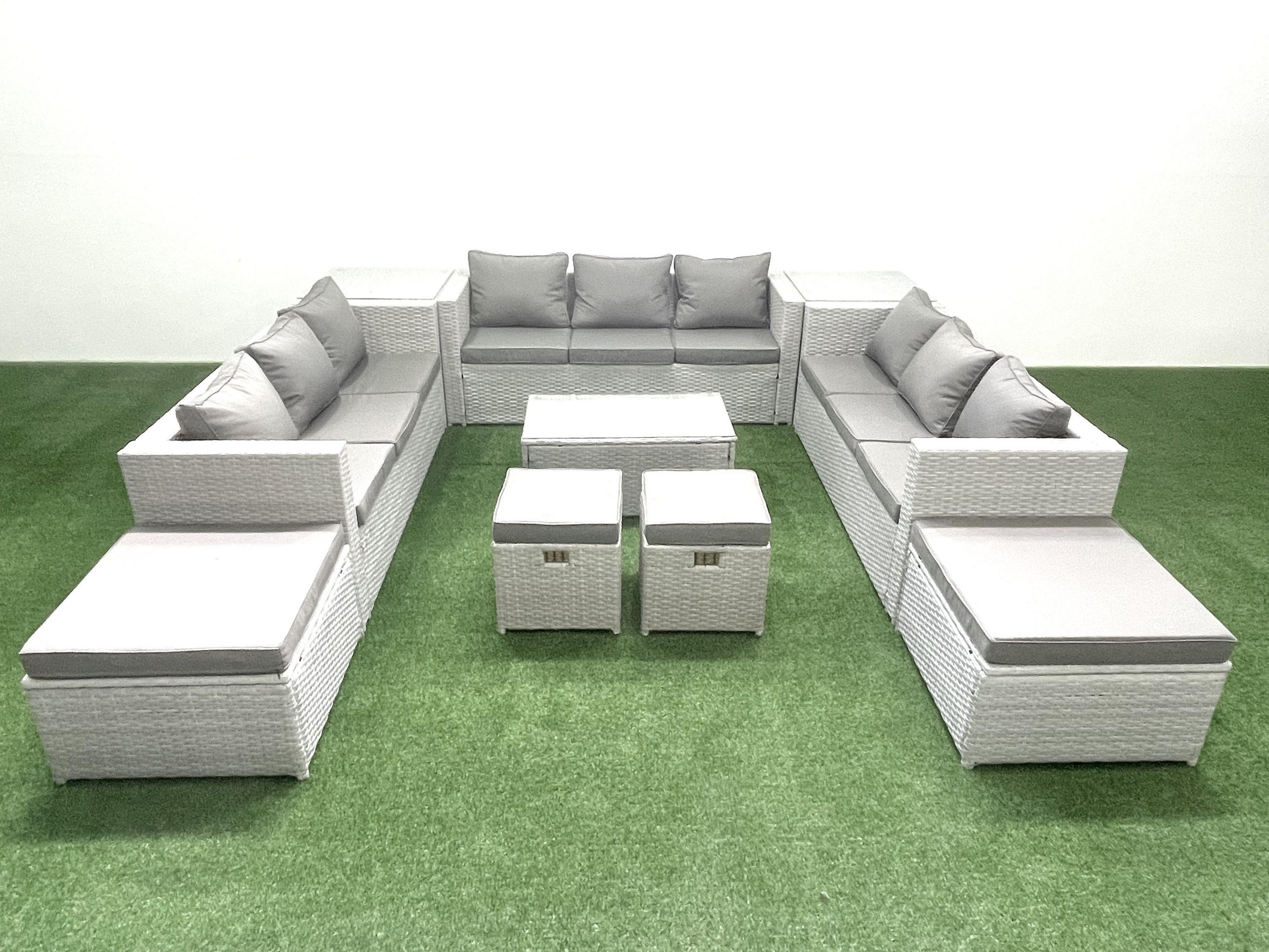 GARTENSET mit 3-SITZER SOFA,COUCHTISCH Polyrattan Hellgrau-Mix 13-Sitzer - Hellgrau/Grau, Glas/Kunststoff - Fimous