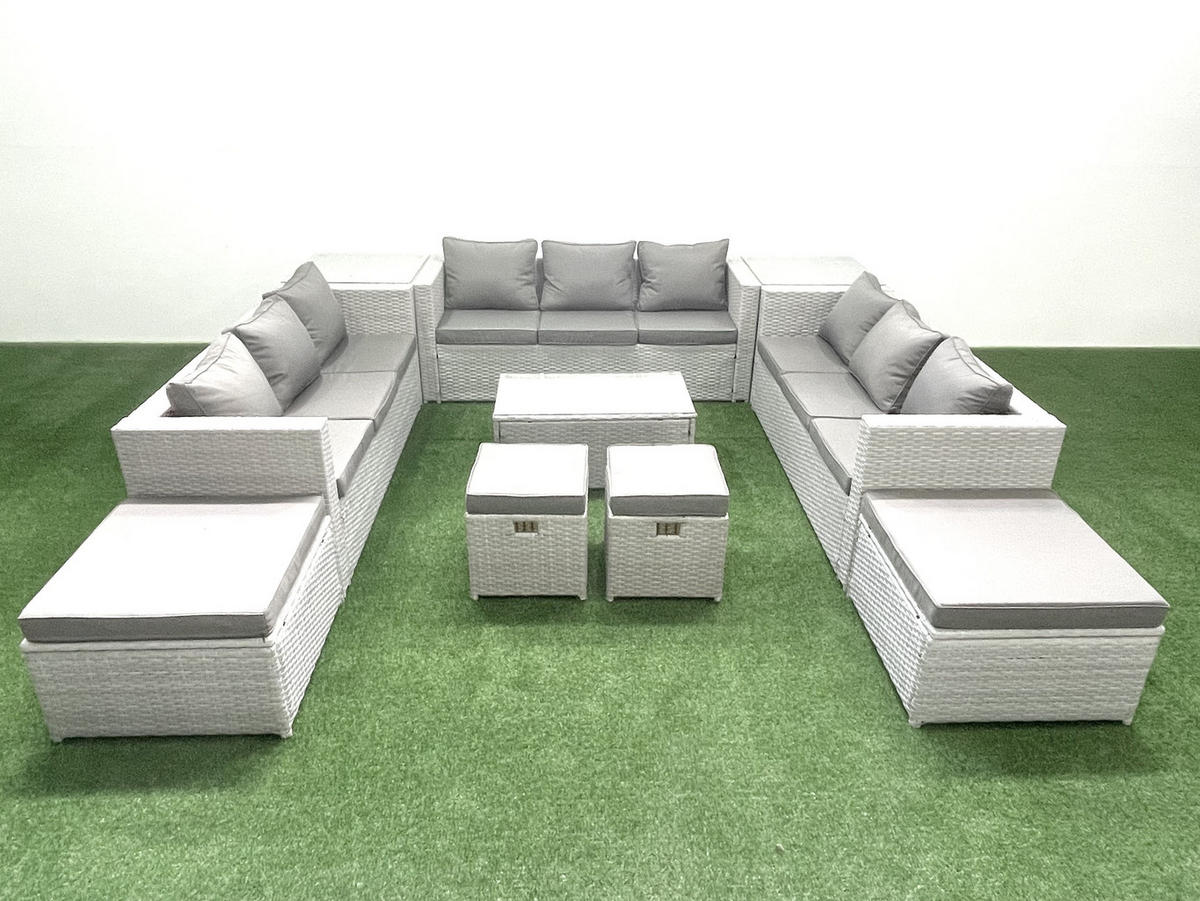 GARTENSET mit 3-SITZER SOFA,COUCHTISCH Polyrattan Hellgrau-Mix 13-Sitzer - Hellgrau/Grau, Glas/Kunststoff - Fimous