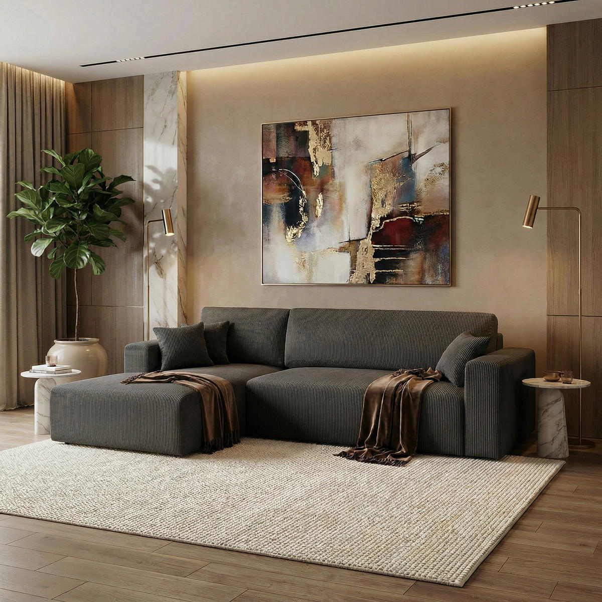 ECKSOFA PULA CORD GRAU - Anthrazit/Schwarz, Kunststoff/Textil (187/279cm) - Luxkor24