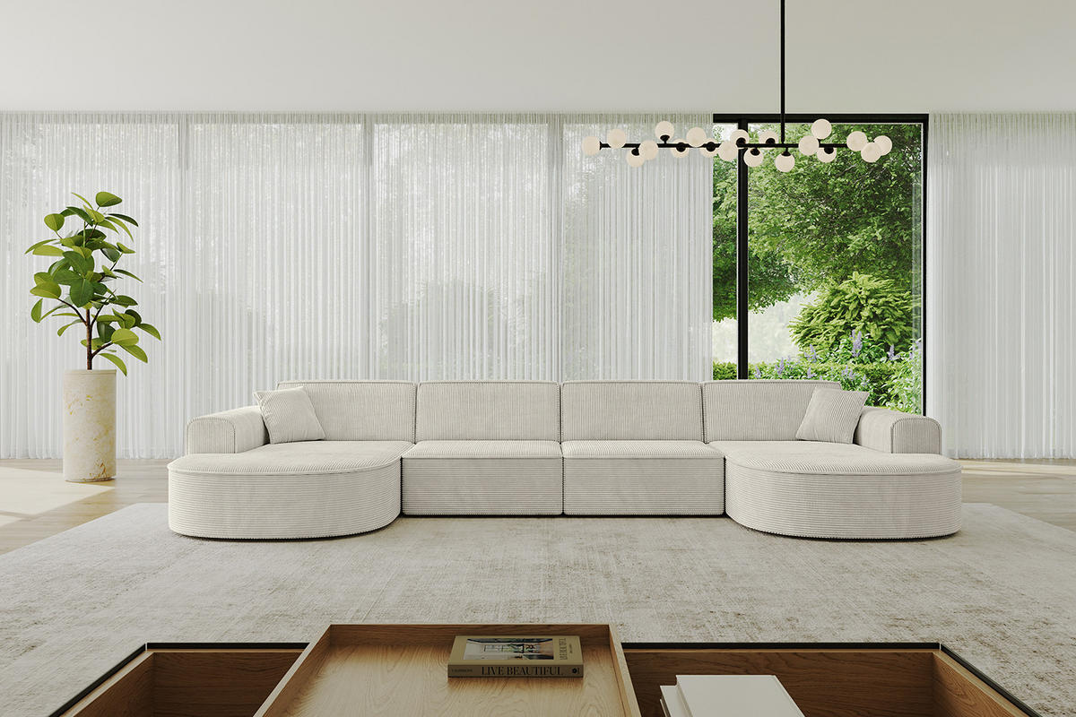 WOHNLANDSCHAFT MARI-U2 - 380x163x73,5 cm Hellgrau Cord - Hellgrau/Schwarz, Holzwerkstoff/Kunststoff (380/73.5/163cm) - ALTDECOR