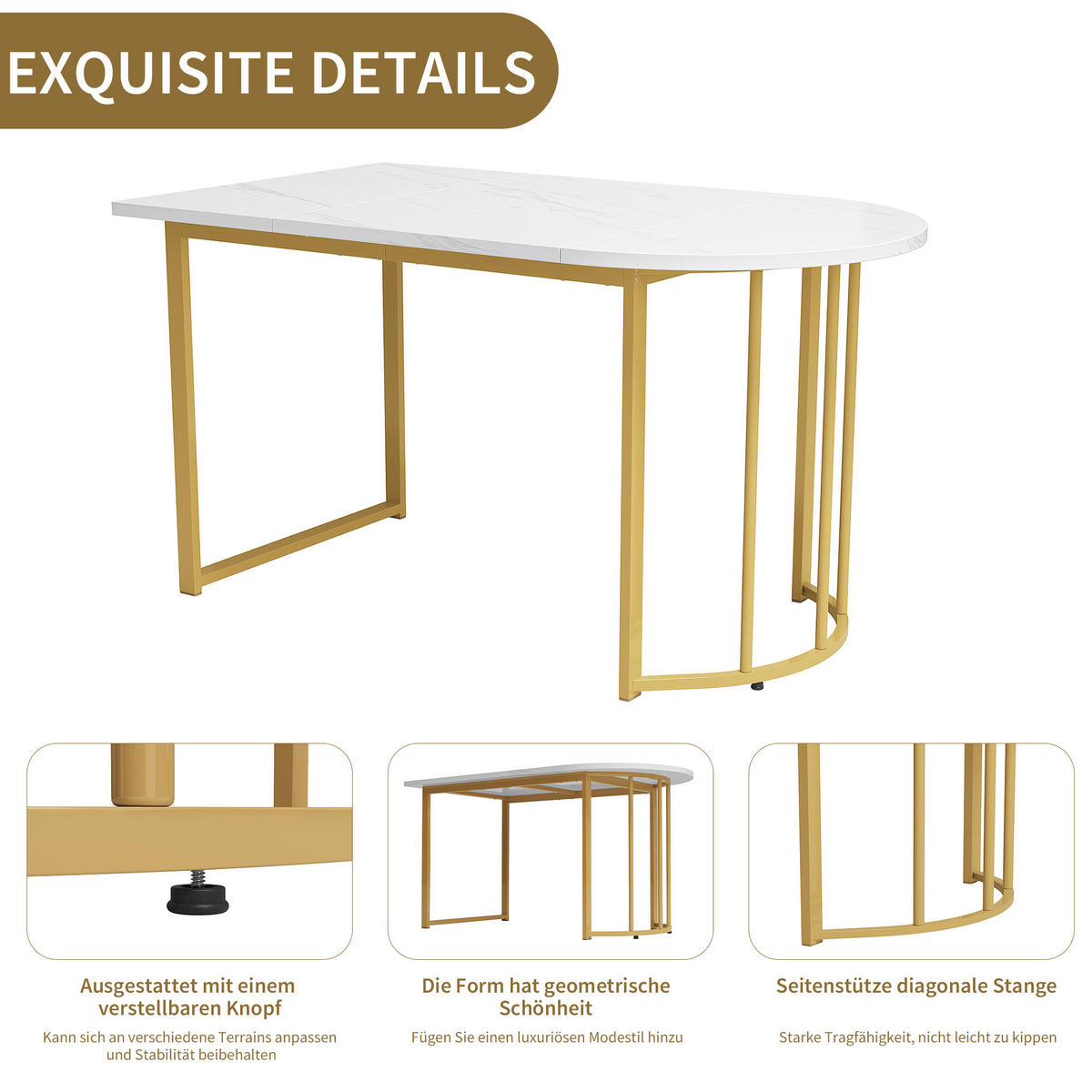 ESSTISCH Weiß und Golden 138.9/80/75 cm - Weiß, Holzwerkstoff/Metall (138.9/80/75cm) - Urban Meuble