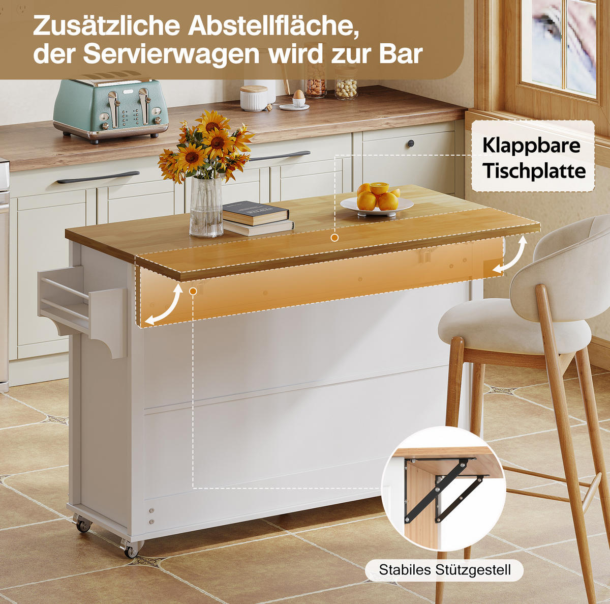 KÜCHENINSEL 140/43-70/90,5 cm aus MDF mit klappbarer Arbeitsplatte Weiß/Natur - Weiß, Holzwerkstoff (140/90.5/70cm) - Modenvie