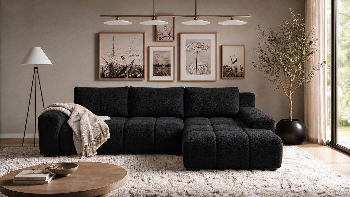 ECKSOFA Ovia mit Bettkasten und Schlaffunktion, Bouclé-Stoff in L-Form - Schwarz, Textil (270/185cm)