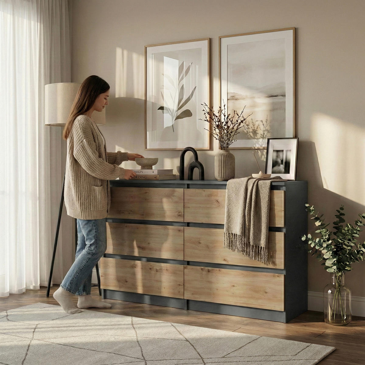 KOMMODE Lemon mit 6 Schubladen, 140 cm, Anthrazit+eiche Artisan - Anthrazit/Eiche Artisan, Holzwerkstoff (140/78/39cm) - Beautysofa