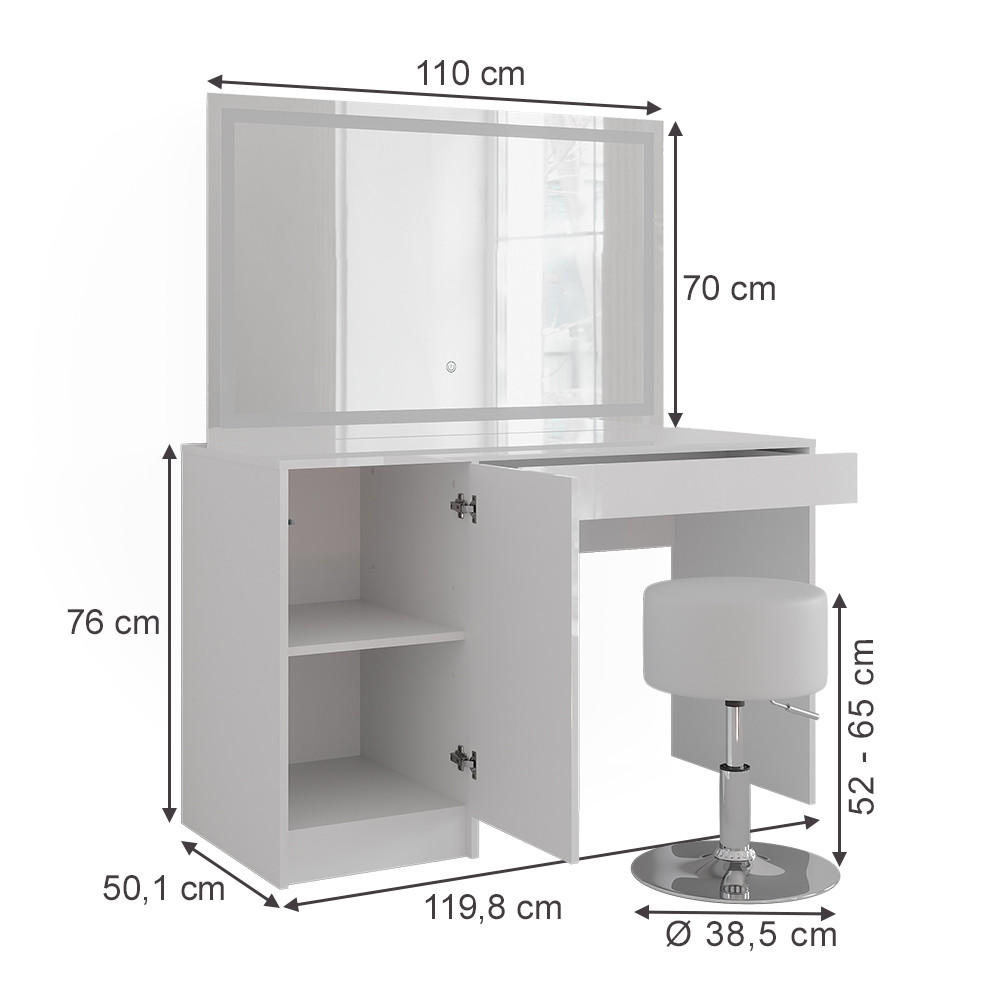 SCHMINKTISCH Sherry Weiß/Weiß Hochglanz 119.8 cm mit LED-Spiegel und Hocker - Weiß Hochglanz, Holzwerkstoff (119.8/76/50.1cm) - Vicco