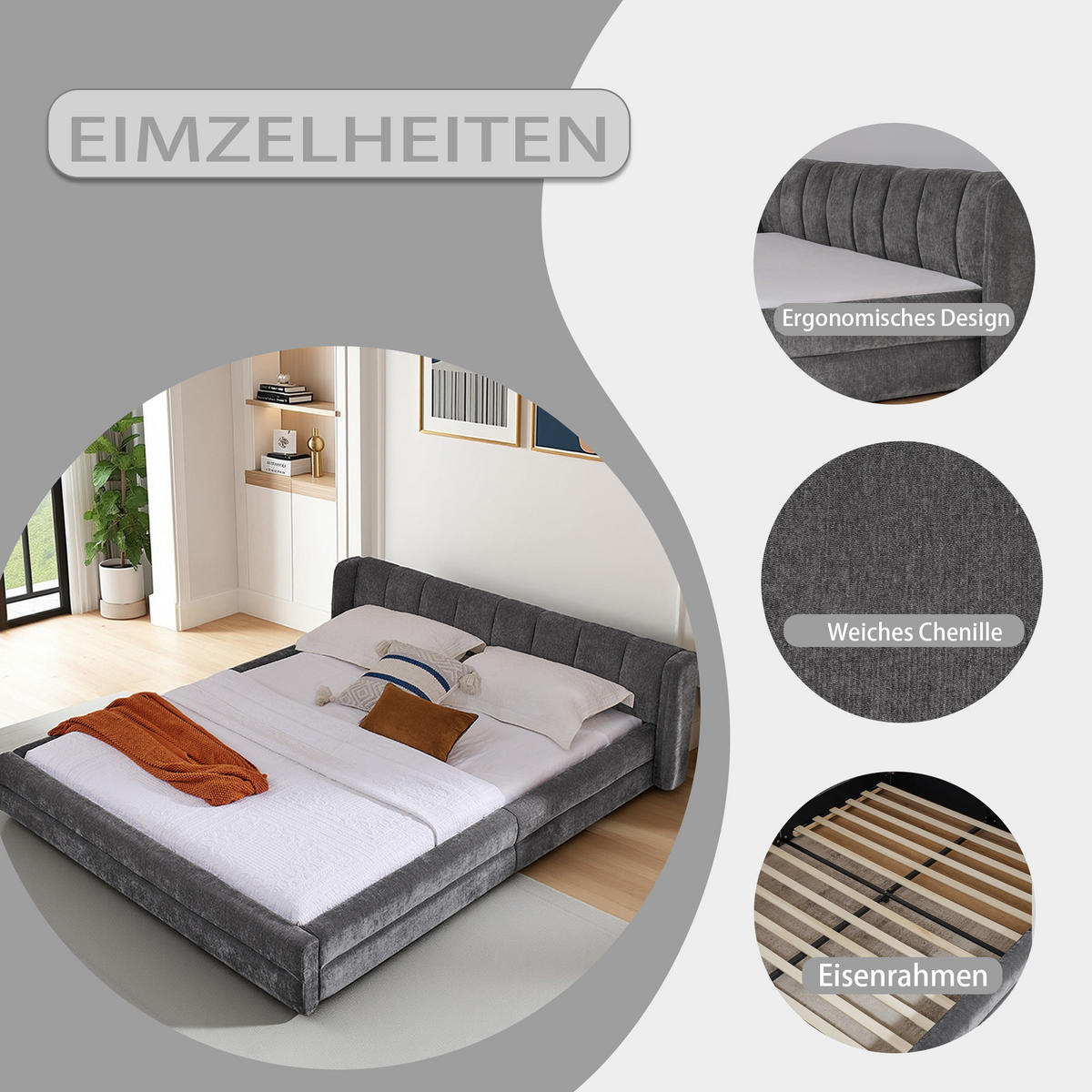 POLSTERBETT 140x200 cm Chenille grau - Dunkelgrau, Kunststoff (140/200cm) - LEBENLANG