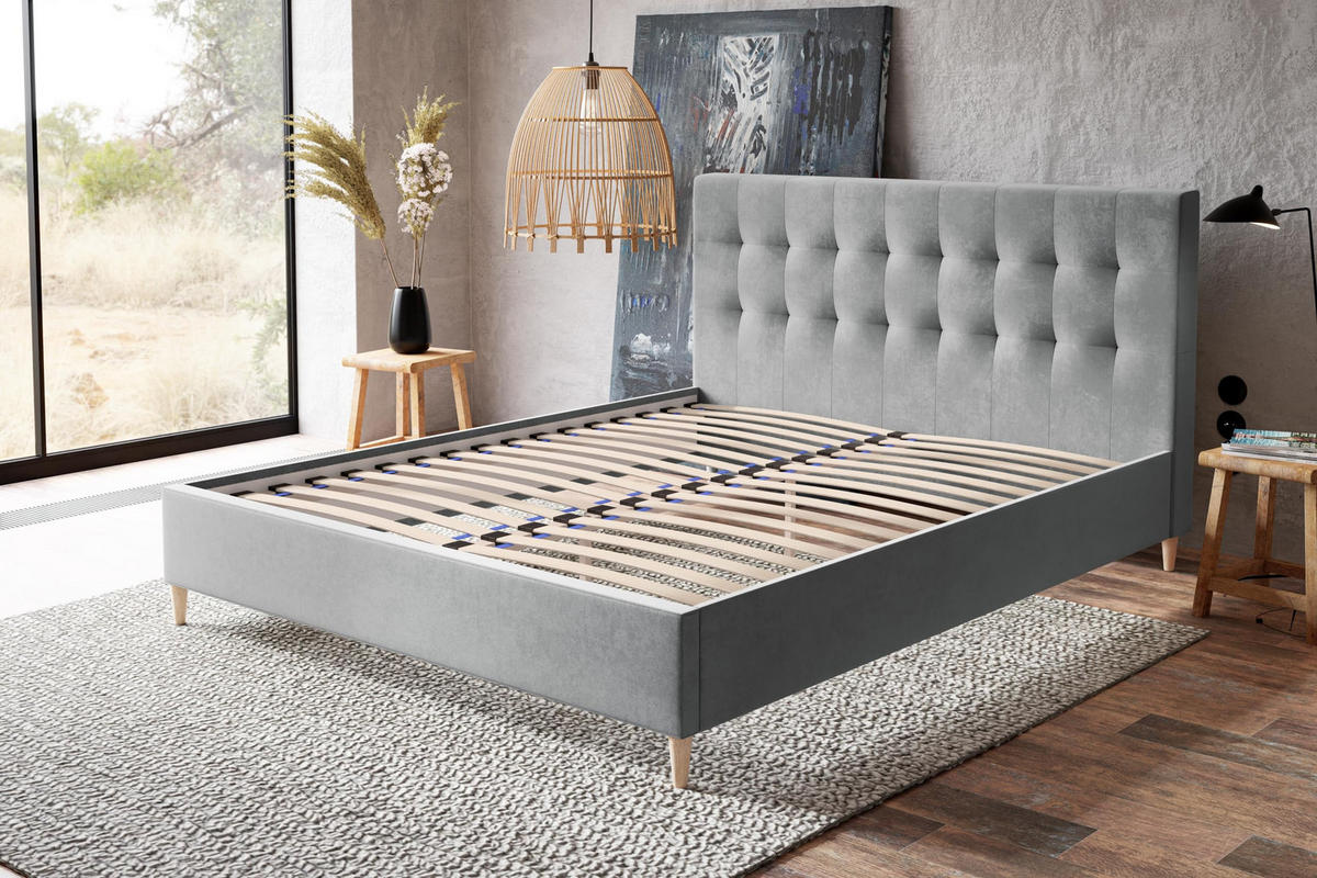 POLSTERBETT LUX Rio mit Kopfteil, 140 x 200 cm, Doppelbett mit Lattenrost aus Holz, Velourstoff Dunkelgrün, Füße in Farbe: Weiß - Dunkelgrün, Holz/Textil (140/200cm) - Alpi-Möbel