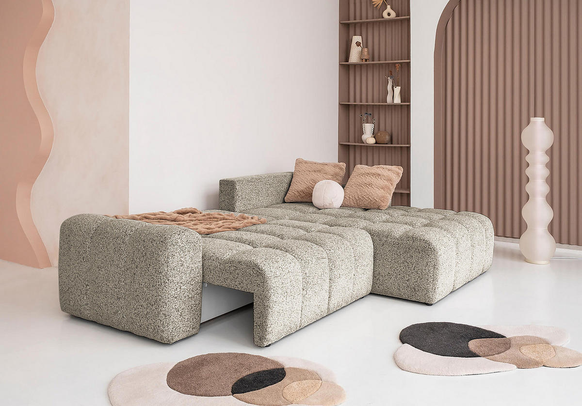 ECKSOFA mit Schlaffunktion - Strukturstoff - Beige/Schwarz, Kunststoff/Textil (268/184cm) - home24