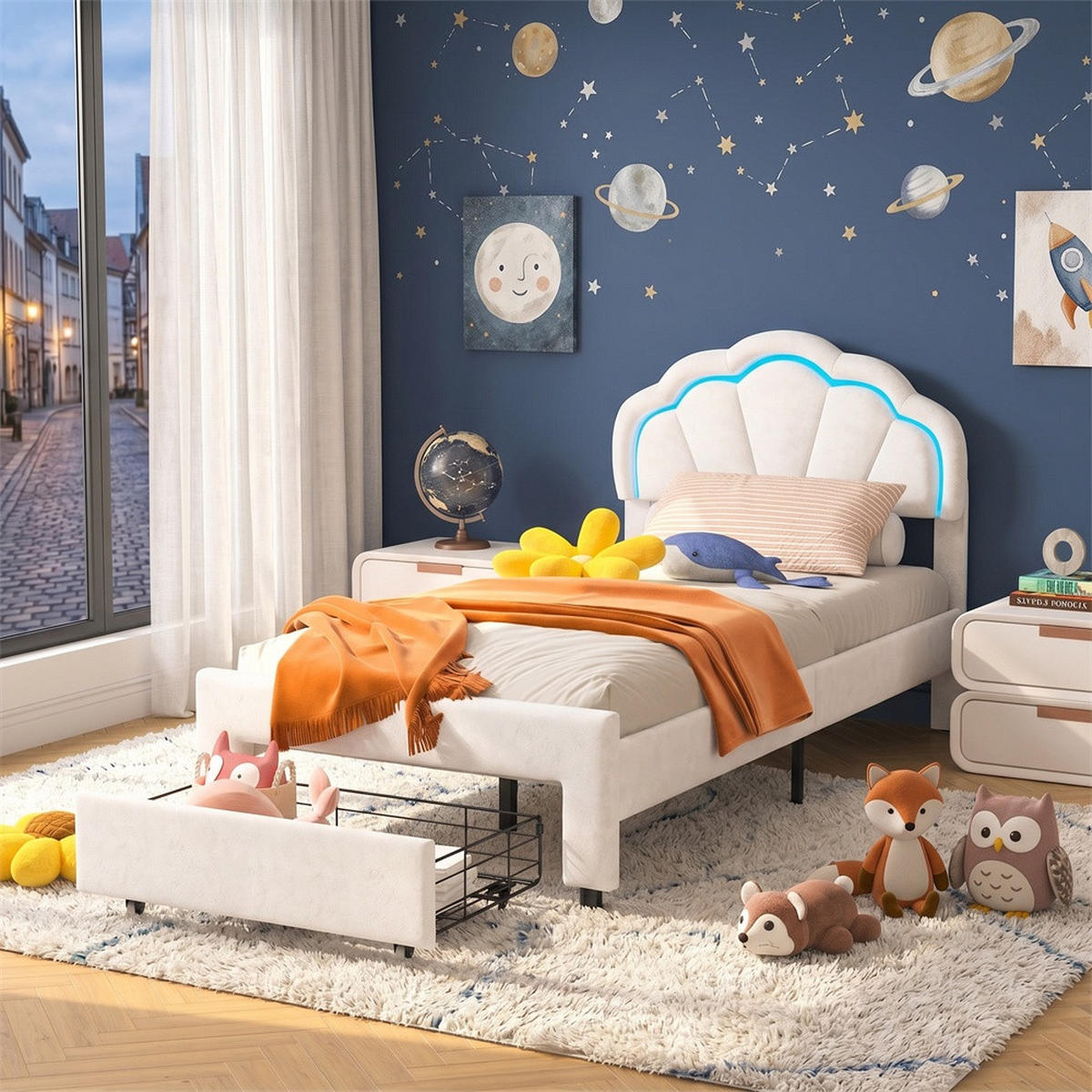 KINDERBETT 90x200 cm mit LED-Beleuchtung und Schublade am Fußende - ohne Matratze - Weiß - Weiß, Textil (90/200cm) - DELFA