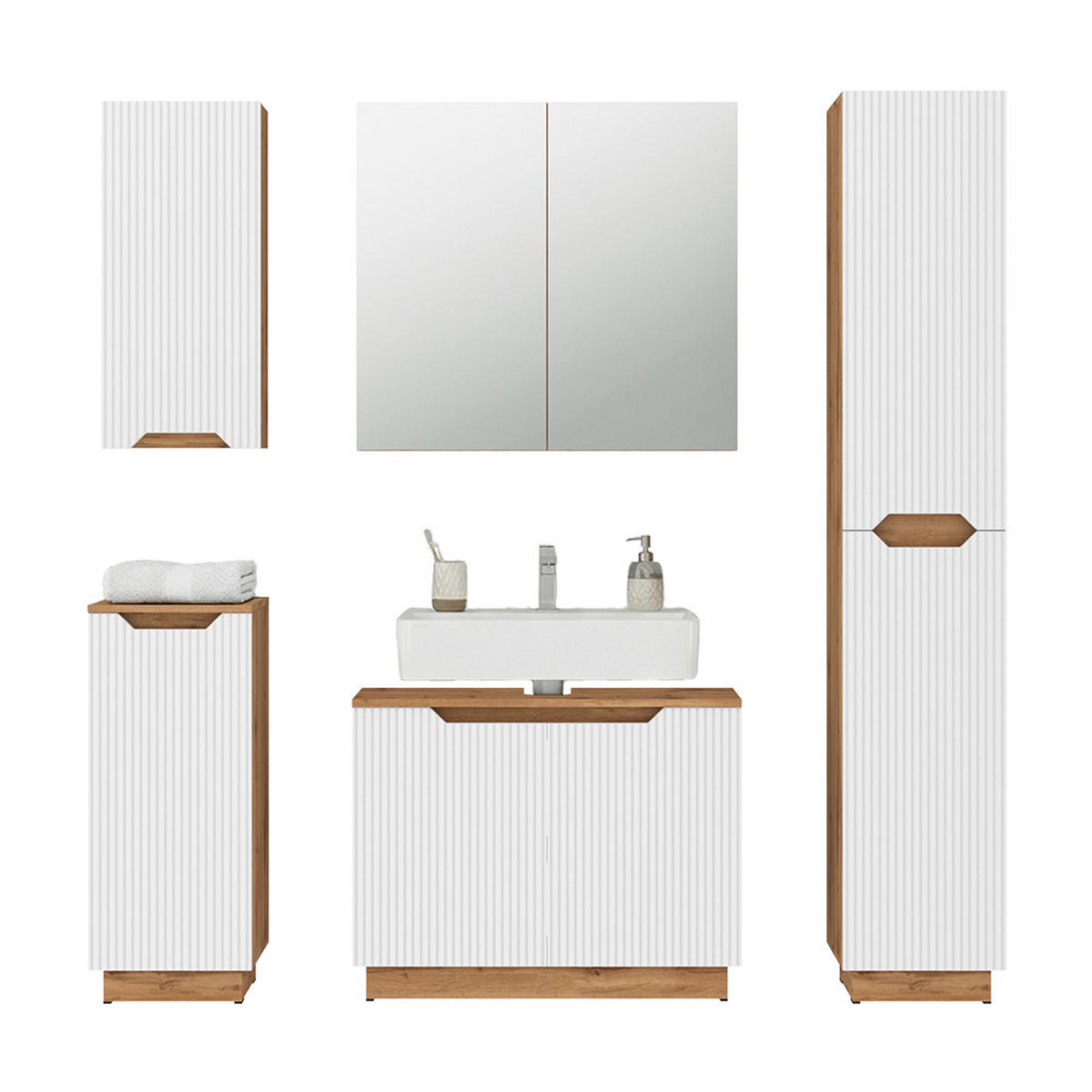 BADMÖBEL-SET Lotta Eiche/weiß gestreift 5 Teile - Eichefarben/Weiß, Holzwerkstoff (79.6/62.1/32cm) - Vicco