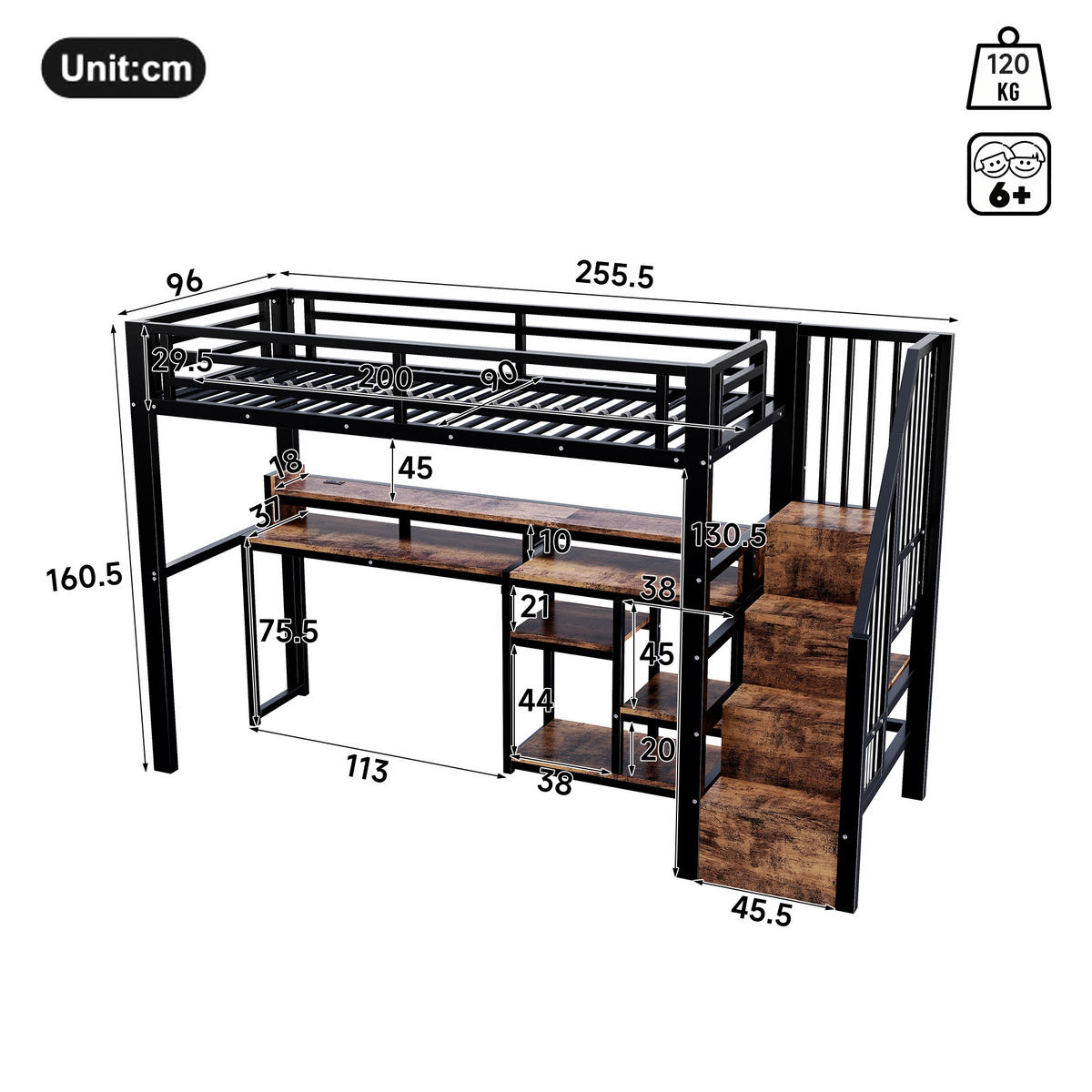 HOCHBETT 90/200 cm mit Leiterschrank und LED, DE-41996, in Schwarz - Schwarz, Metall (90/200cm) - ComfortXL
