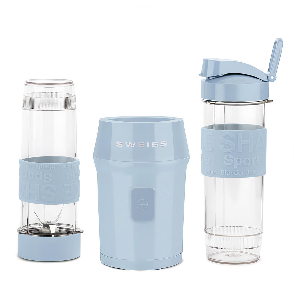 SMOOTHIE Maker MOOV6 Blau, 2 Trinkflaschen à 570 ml mit Reisedeckeln, 4 Edelstahlklingen, 300 W - Blau, Metall (11.3/35/15cm) - SWEISS