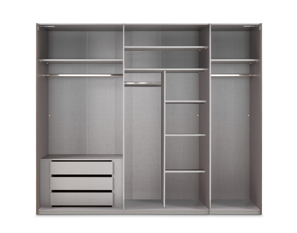 SCHWEBETÜRENSCHRANK 3-türig B250/H216/T65 cm inkl. Vollausstattung in Sand Grau mit Spiegel / 22014 - Sandfarben/Schwarz, Holzwerkstoff/Metall (250/216/65cm) - luma-home