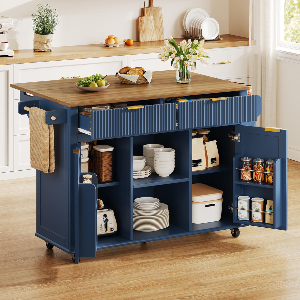 KÜCHENINSEL DE-41395 143/45-69/89,5 cm, klappbare Arbeitsplatte, 2 Schubladen Blau - Blau, Holzwerkstoff (143/89.5/45cm) - ComfortXL