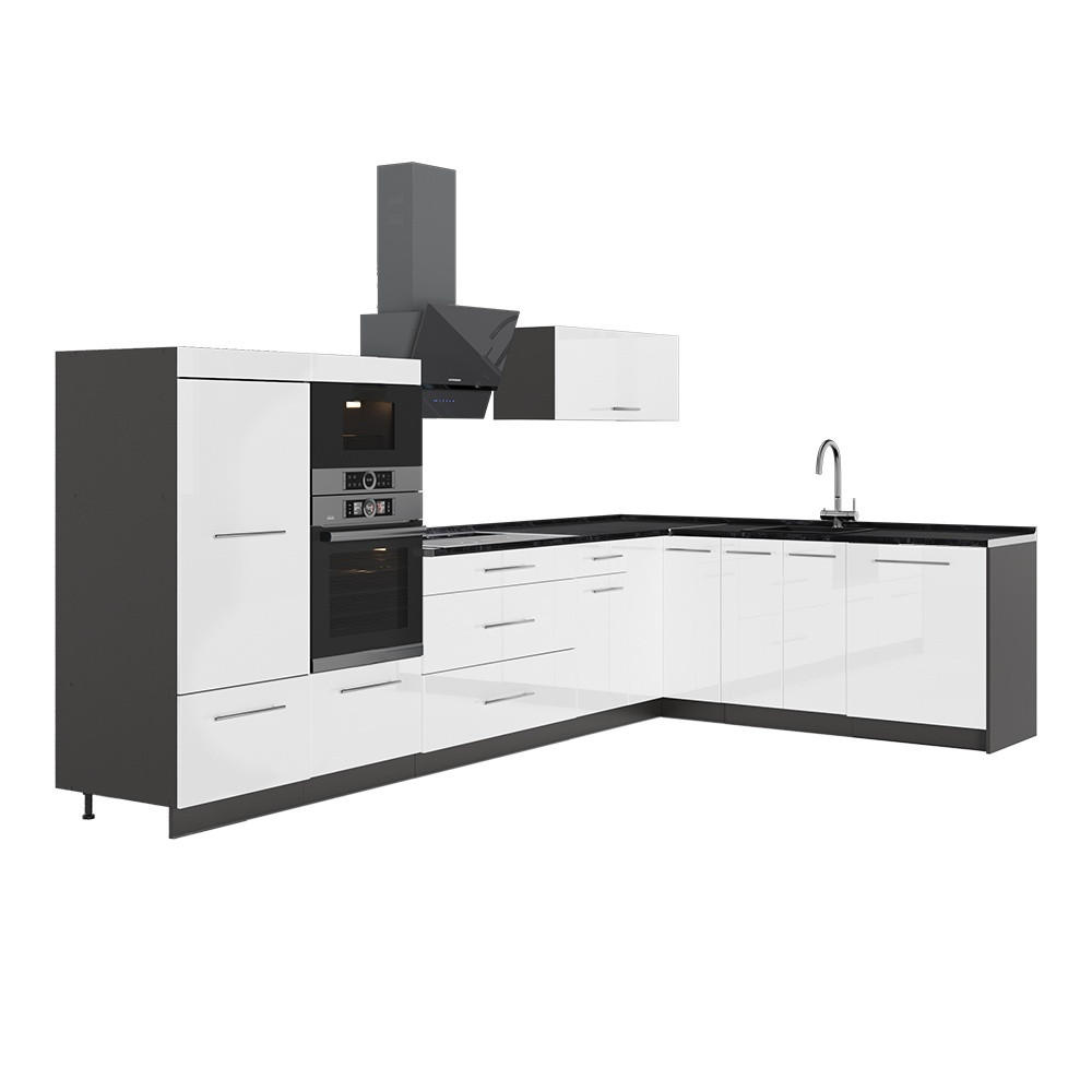 ECKKÜCHE Fame-Line, Weiß Hochglanz/Anthrazit, 347 x 207 cm ohne Arbeitsplatte - Weiß Hochglanz/Anthrazit, Holzwerkstoff (347/153.6/51.6cm) - Vicco