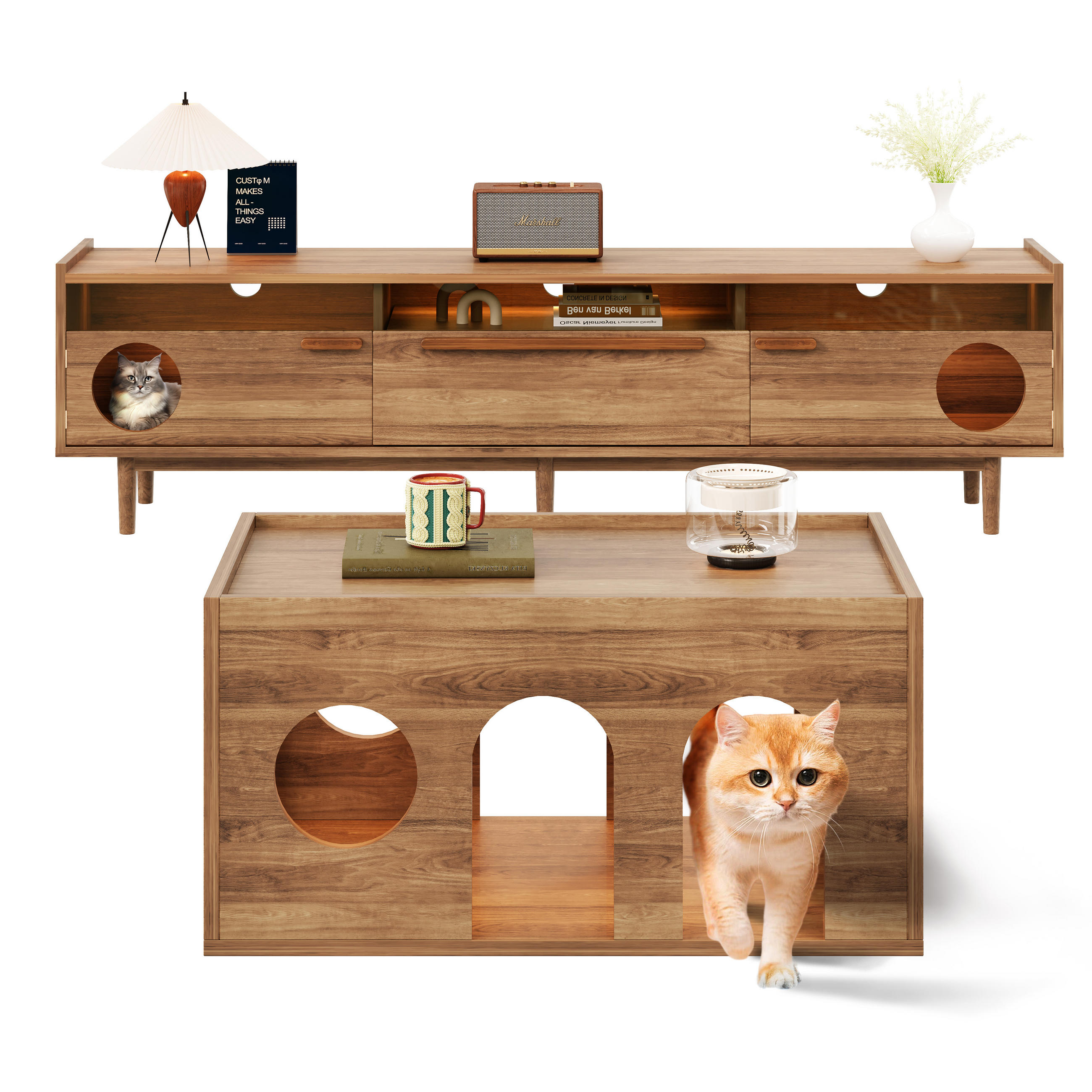 TV-ELEMENT mit Couchtisch - Kombination 2er-Set Nussbaum mit LED-Beleuchtung - Nussbaumfarben, Holzwerkstoff (180/50/40cm) - OKWISH