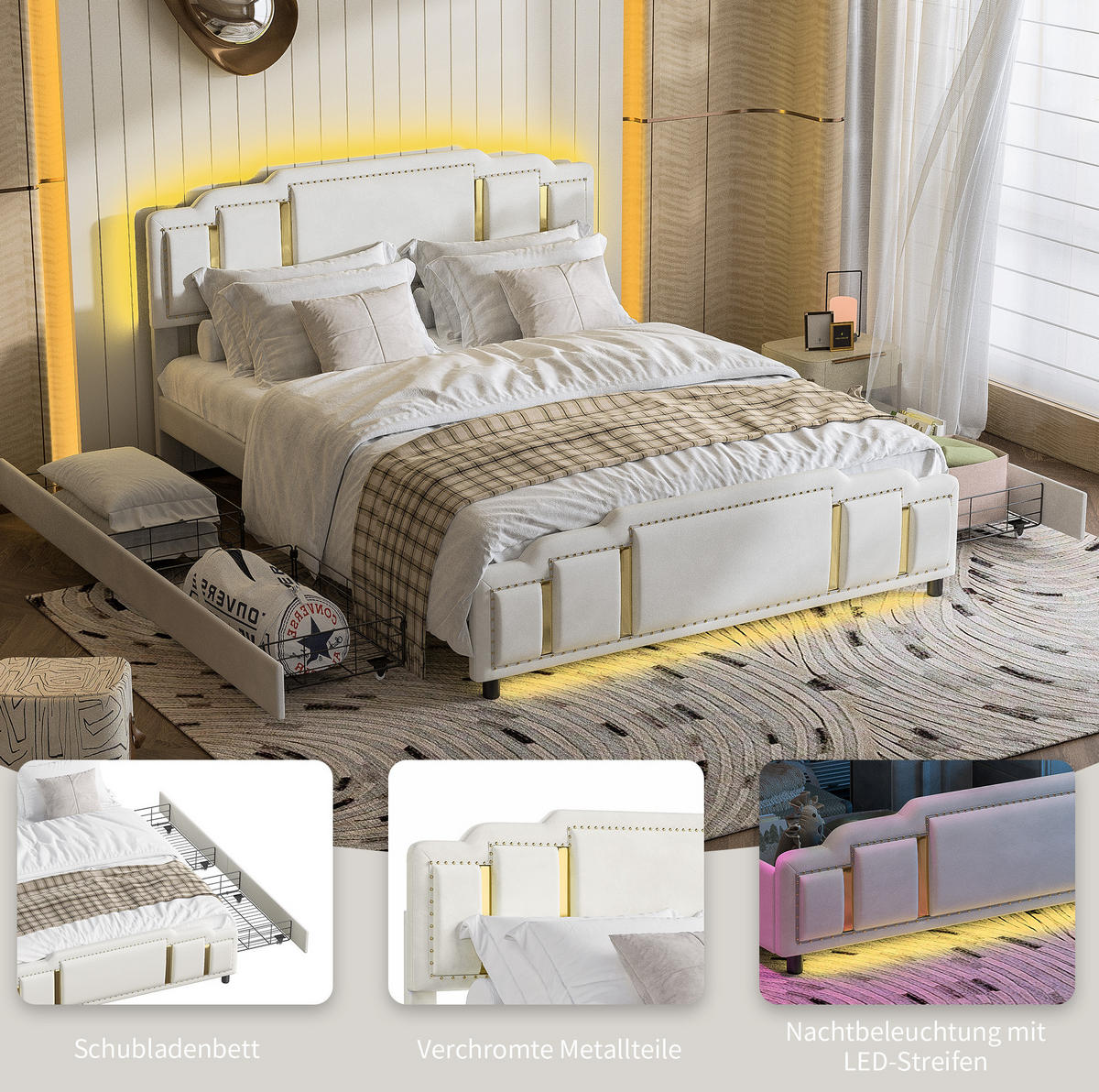 POLSTERBETT 160/200 cm mit 4 Schubladen, LED-Beleuchtung und Edelstahl-Zierleisten, Beige - Beige, Textil (160/200cm) - Redom