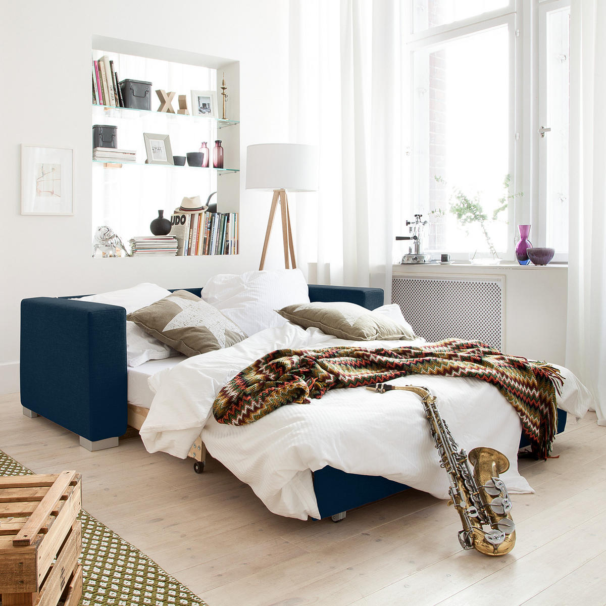 SCHLAFSOFA - Blau/Silberfarben, Textil (153/90/90cm) - home24