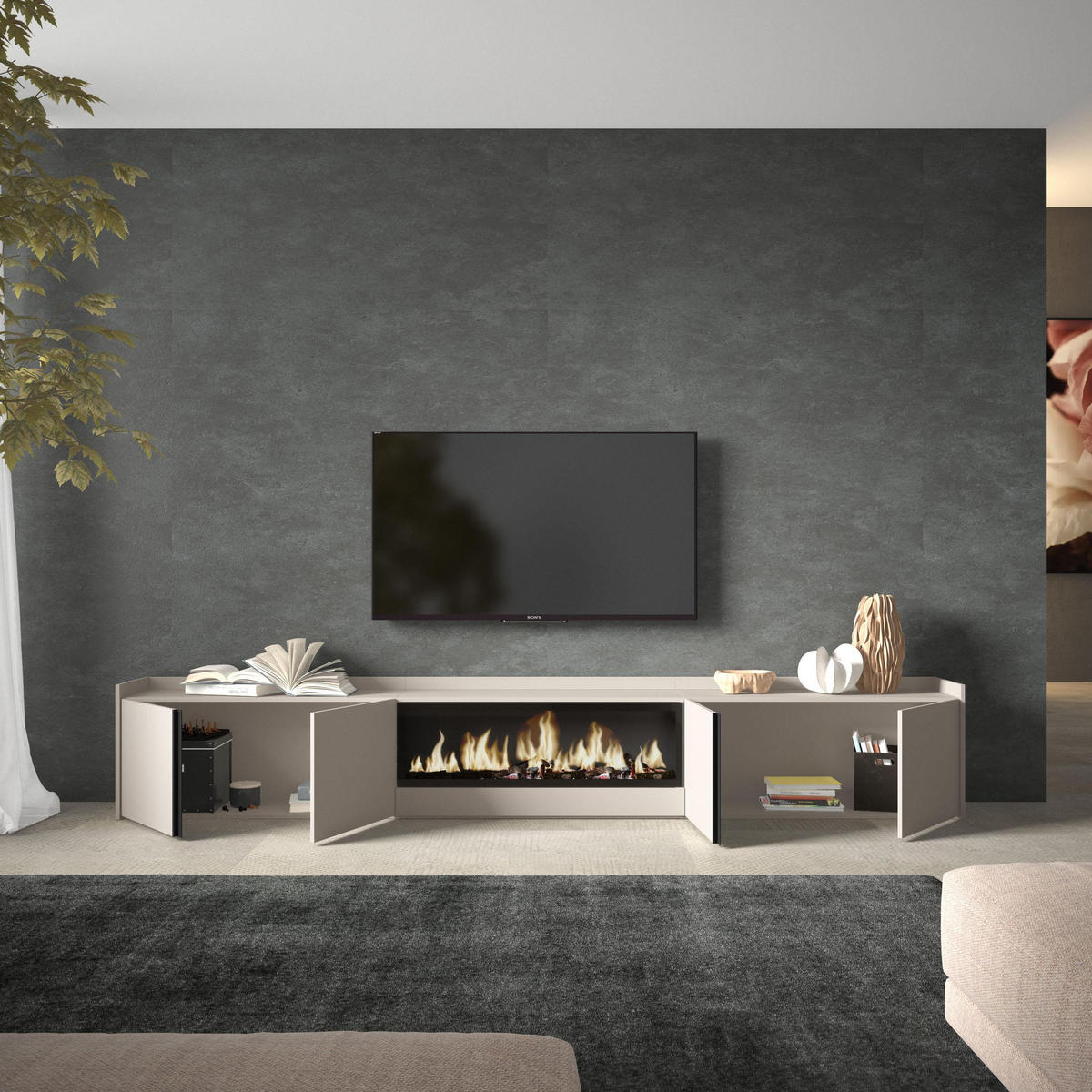 LOWBOARD, Beige, 315/35/50cm, Kamin mit Feuereffekt XXL - Beige, Holzwerkstoff (315/50/35cm) - Skraut Home