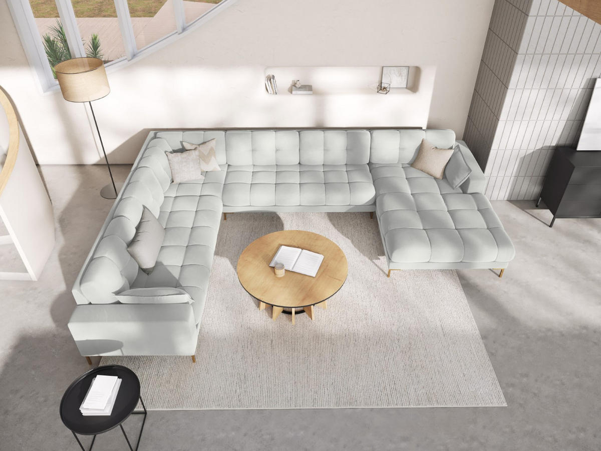PANORAMASOFA links Mamaia aus Samt silber 7 Sitzplätze - Silberfarben, Textil (256/75/327cm) - Micadoni