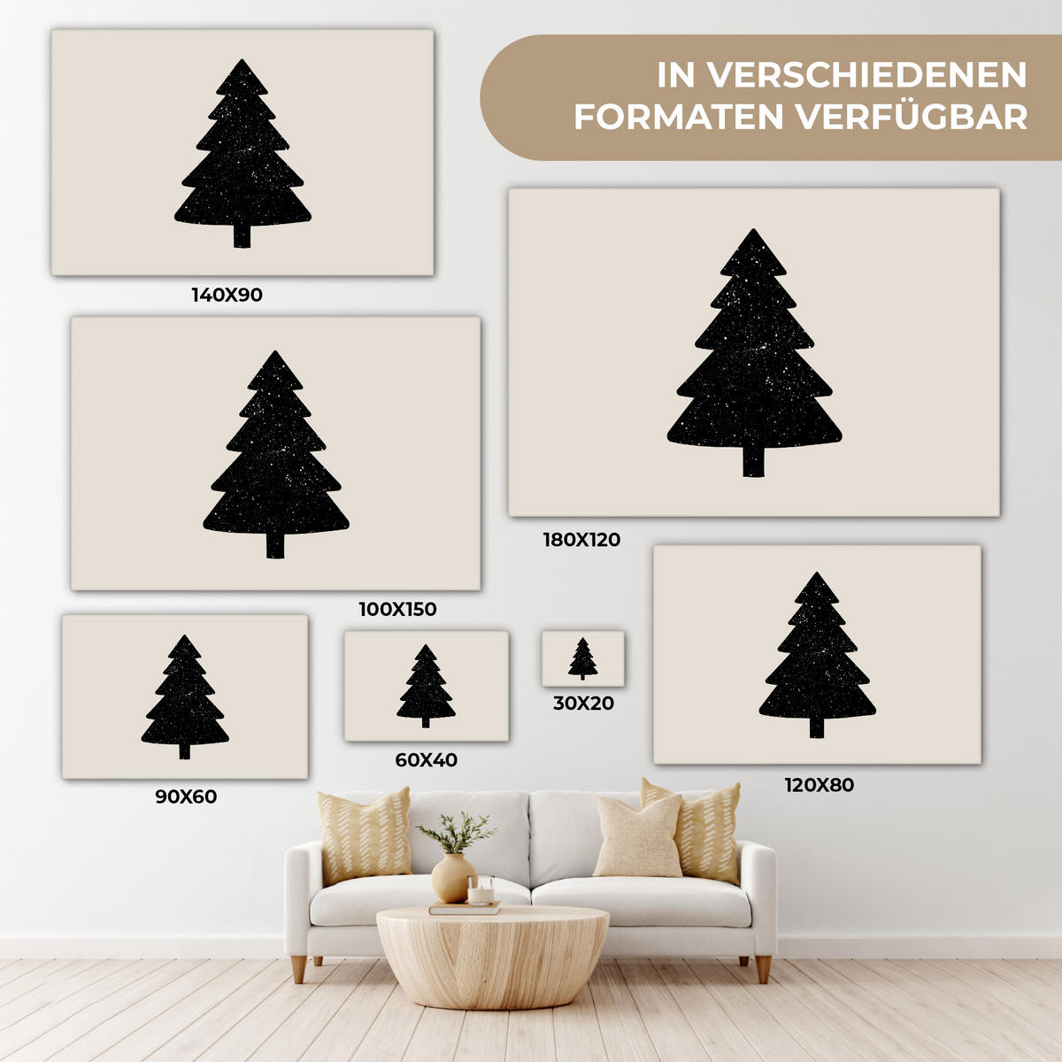 LEINWANDBILD Weihnachtsbaum - Schwarz - Urlaub - Beige Groß 140x90 cm - Schwarz, Textil (140/90cm) - MuchoWow