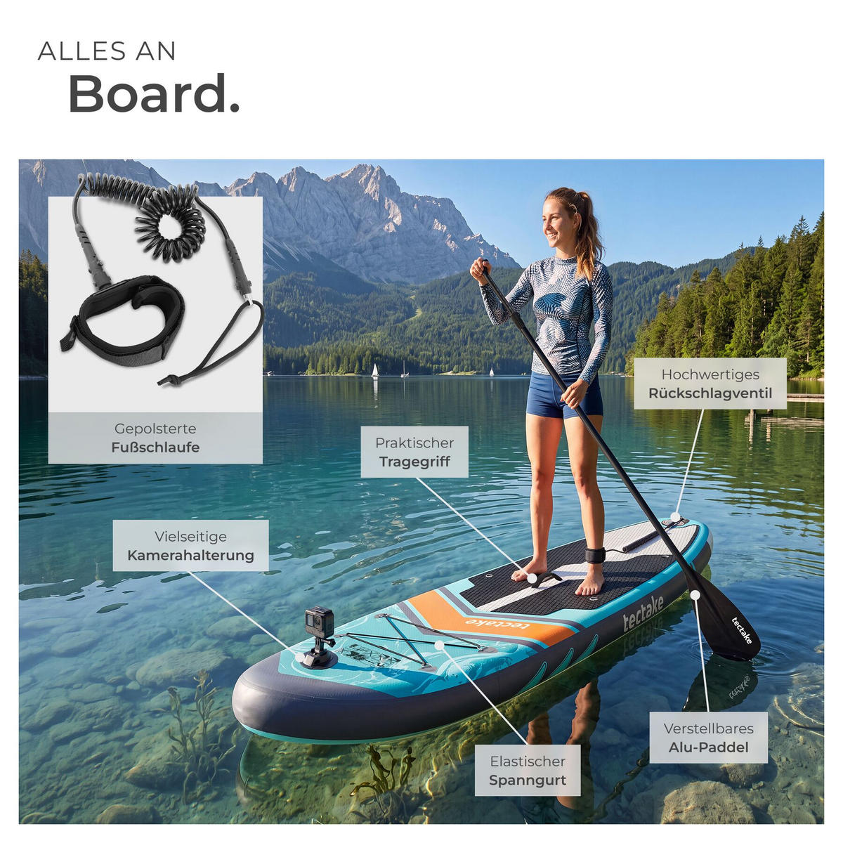STAND-UP PADDLE BOARD Palagios, Belastbarkeit 200 kg, inklusive Kajak-Sitz, türkis/orange - Türkis, Kunststoff (288/77/0.23cm) - tectake