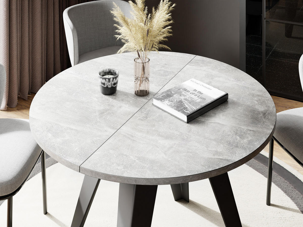ESSTISCH Glory runder ausziehbarer, Grauer Beton 100-140/100/76 cm - Hellgrau/Schwarz, Holzwerkstoff/Metall (100/100/76cm) - WFL GROUP