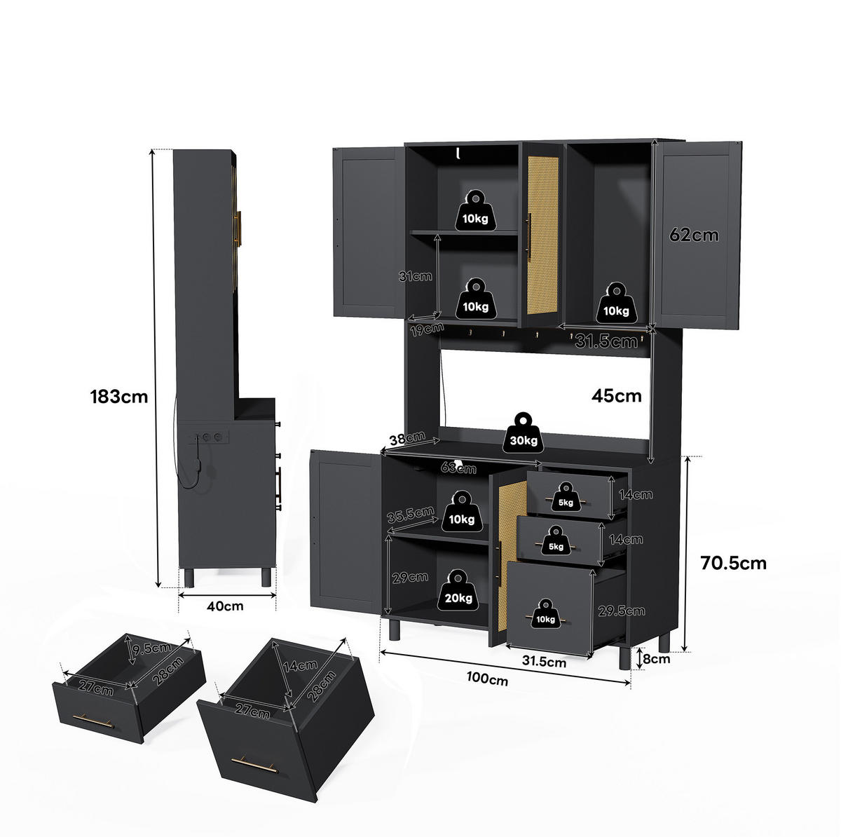 BUFFET aus MDF 100x40x183 cm Schwarz mit LED-Beleuchtung, App-Steuerung, Steckdosen, USB-Anschluss und viel Stauraum - Schwarz, Holzwerkstoff (100/183/40cm) - Modfu