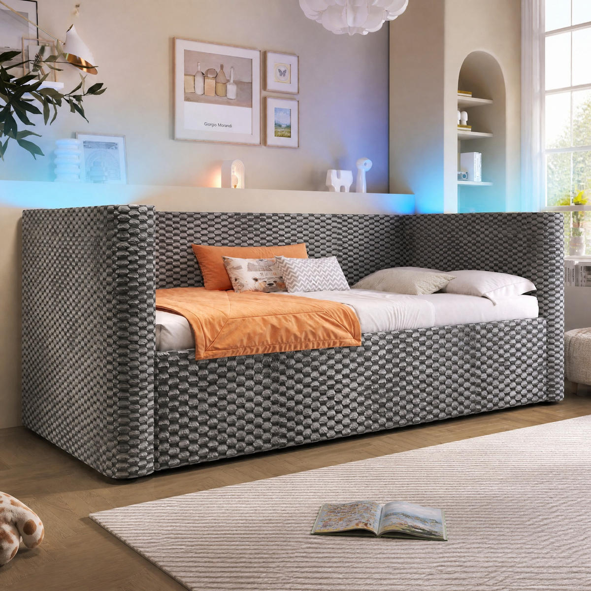 POLSTERBETT 90/200 mit LED und hydraulischem Stauraum in Grau - Grau, Holzwerkstoff/Textil (90/200cm) - EVRYAE