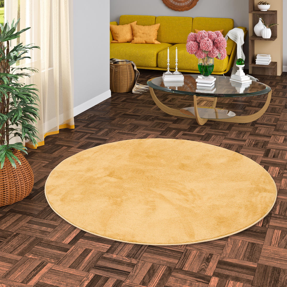 LUXUS SUPER SOFT HOCHFLOR LANGFLOR TEPPICH DELUXE RUND - Currygelb, Textil (100/100cm) - Snapstyle