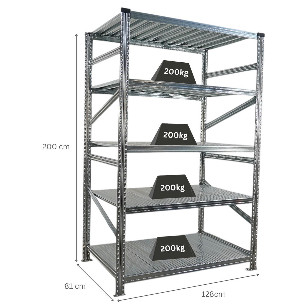 FACHBODENREGAL Proximo Stecksystem 200x120x80cm 5 Ebenen Fachlast 200 kg Beidseitig nutzbar Verzinkt - Silberfarben, Metall (120/200/80cm) - PROREGAL