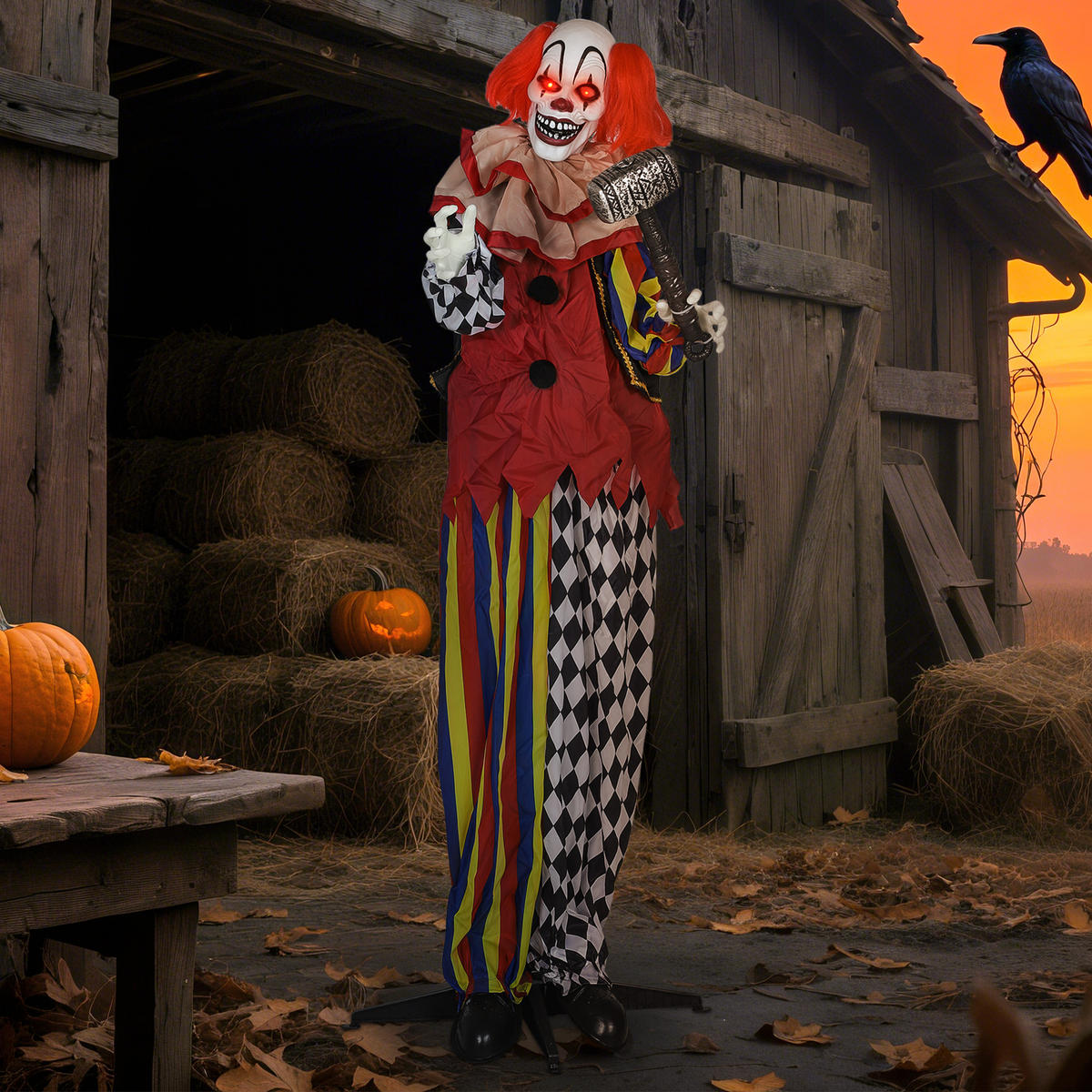 HALLOWEEN-DEKORATION Clown 173 cm mit leuchtenden Augen sprachgesteuert - Multicolor, Metall (18/173/90cm) - Outsunny
