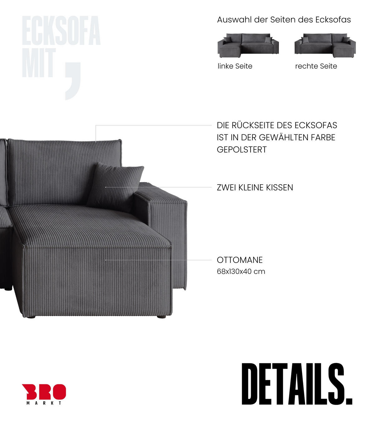 ECKSOFA ADI mit Schlaffunktion Grau Cord - Grau, Textil (244/143cm) - Bromarkt