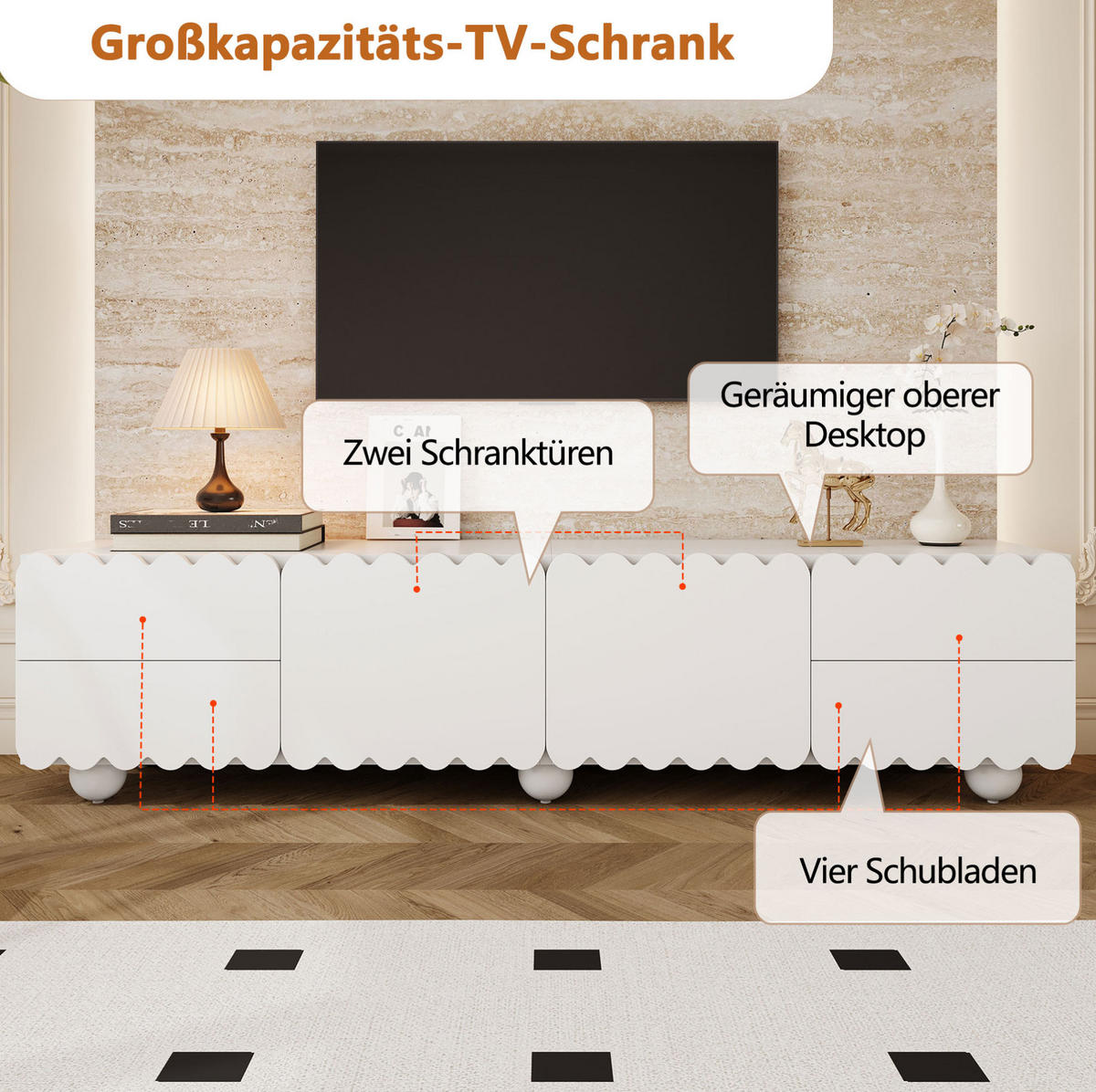 LOWBOARD 175/38/37 cm in Weiß mit Türen und Schubladen - Weiß, Holzwerkstoff (175/37/38cm) - Flora Grace