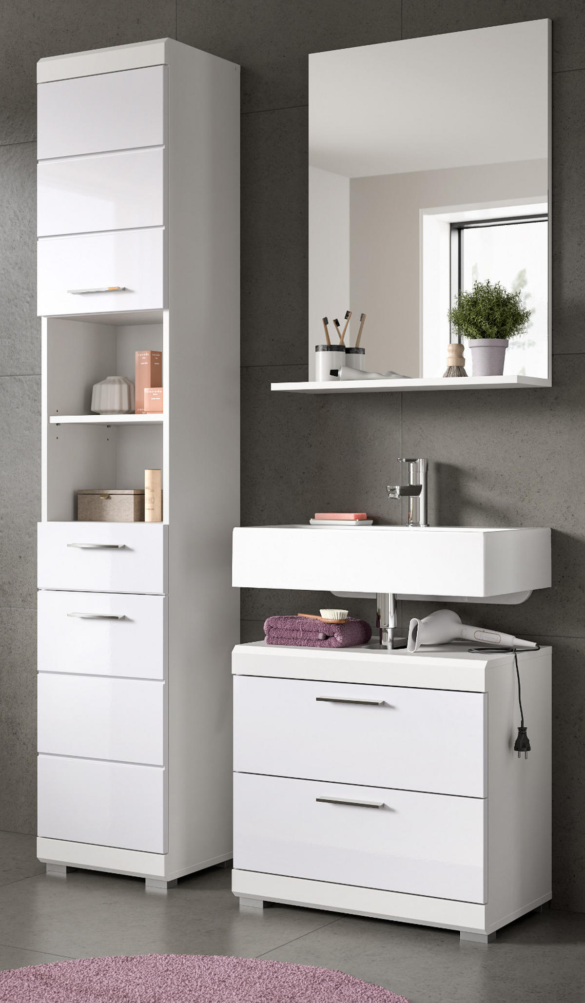 BADMÖBEL-SET weiß Hochglanz 3-teilig 112 cm, Komplettset mit viel Stauraum - Weiß Hochglanz, Glas/Holzwerkstoff (112/191/37cm) - Inn.Furn