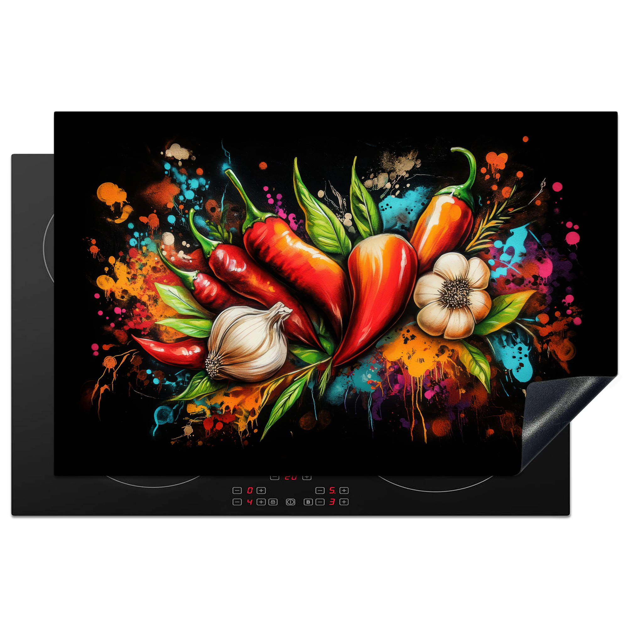 MuchoWow KRYT NA INDUKČNÍ DESKU Zelenina - paprika - česnek - graffiti - barva - barevné 81.6x52.7 cm