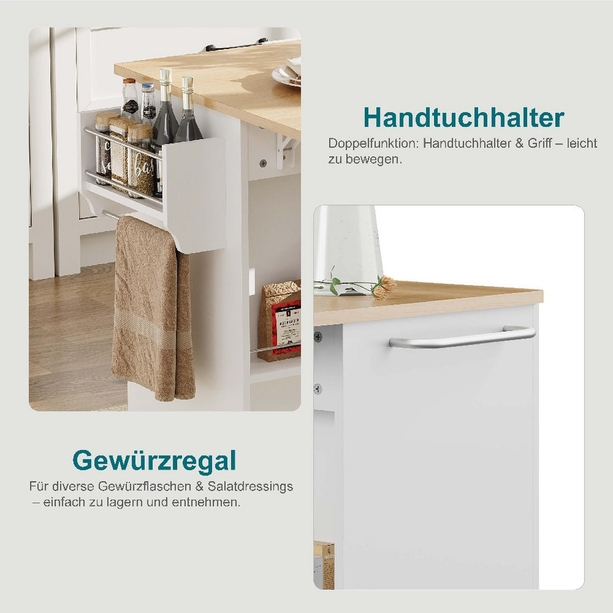 KÜCHENINSEL auf Rollen mit klappbarer Arbeitsplatte, Weiß-Eiche, 136,5/67,5/92,8 cm - Weiß, Kunststoff (67.5/92.8/136.5cm) - Rolipo