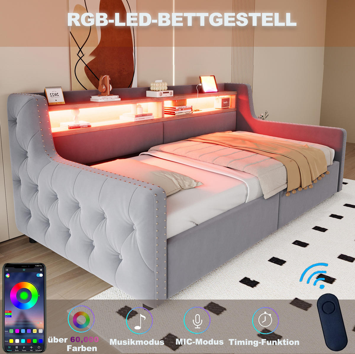 POLSTERBETT 90/200 cm aus Samt mit LED-Beleuchtung, Stauraum, USB- und Typ-C-Anschluss, Hellgrau - Hellgrau, Textil (90/200cm) - Redom
