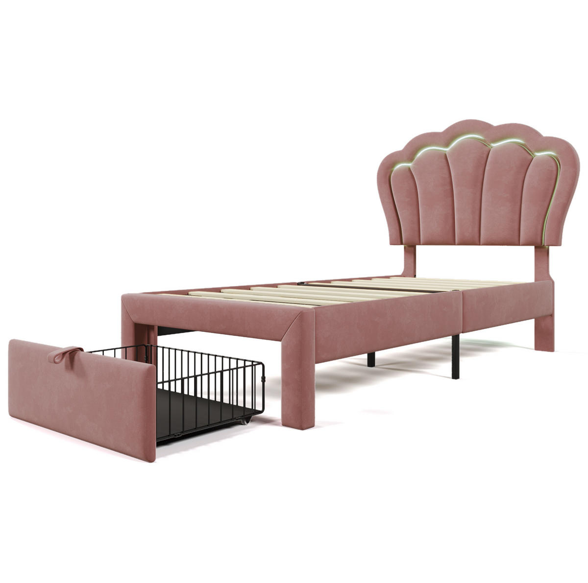 JUGENDBETT 90/190 cm Rosa aus Samt mit LED und Schublade - Rosa, Textil (90/190cm) - OKMYHOME