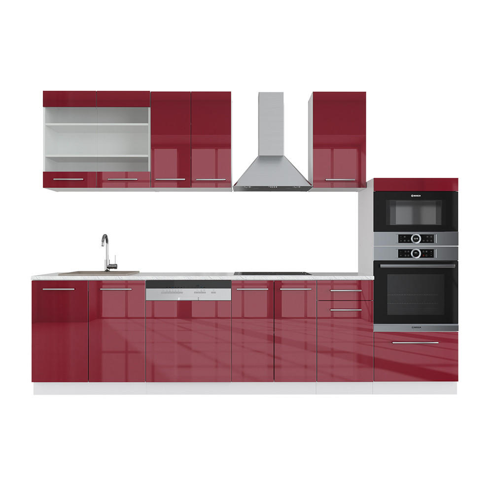 KÜCHENZEILE Fame-Line Bordeaux Hochglanz/Weiß 300 cm mit Hochschrank AP Marmor - Bordeaux/Weiß, Holzwerkstoff (300/81.6/60cm) - Vicco