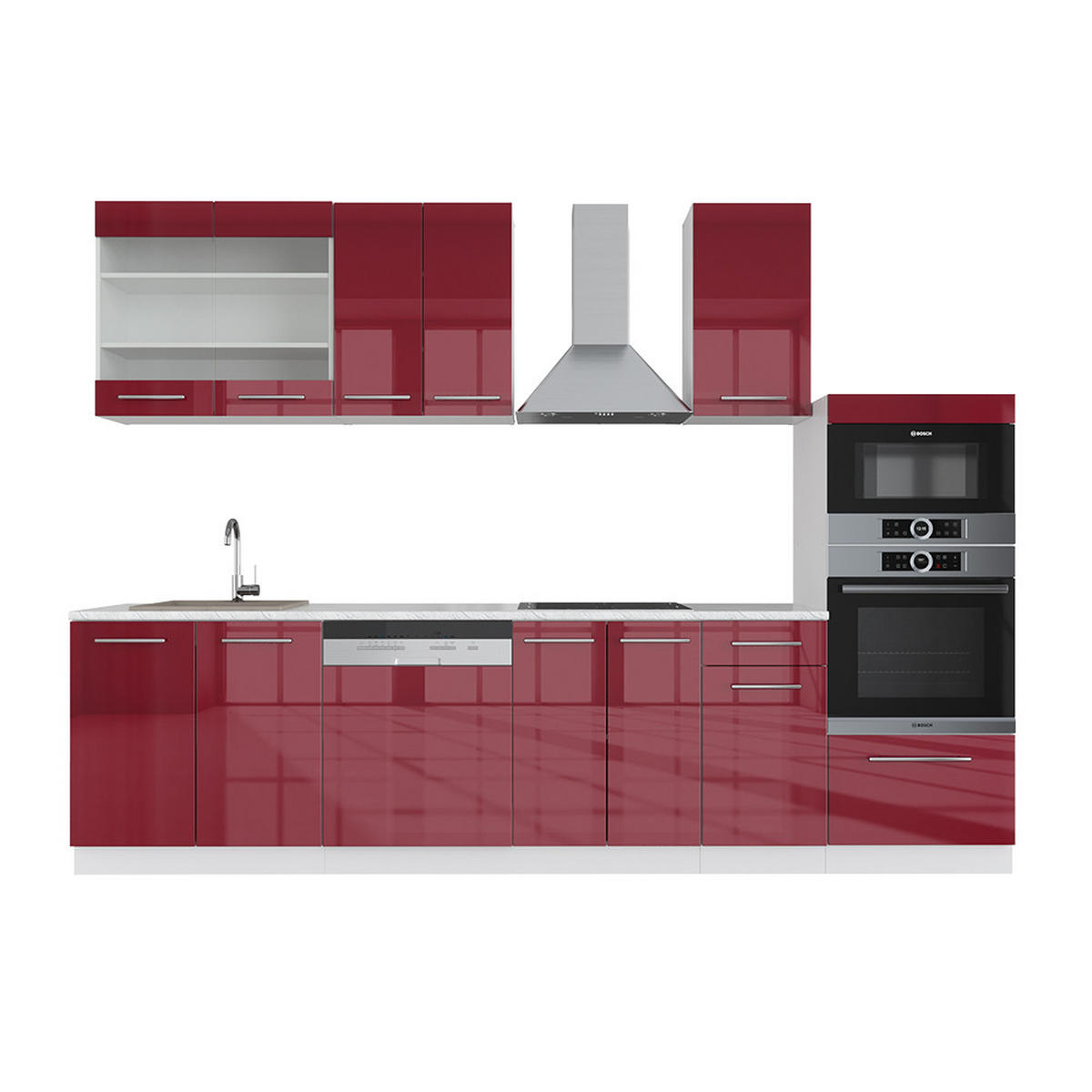 KÜCHENZEILE Fame-Line Bordeaux Hochglanz/Weiß 300 cm mit Hochschrank AP Marmor - Bordeaux/Weiß, Holzwerkstoff (300/81.6/60cm) - Vicco
